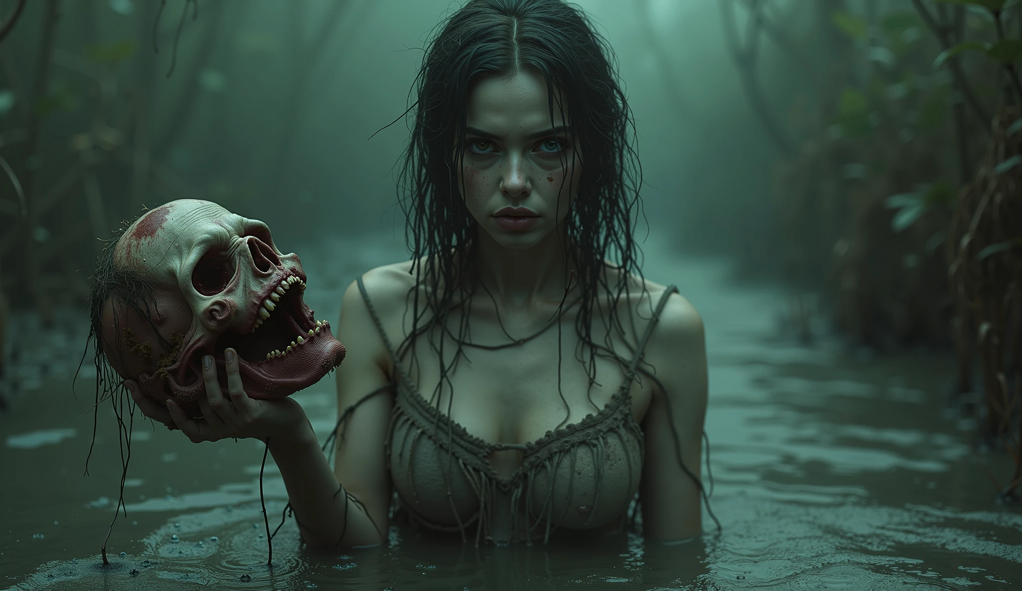 plants growing out of a woman's skin, injury, bleeding, mushrooms breaking out of her skull, swamp, wet, body horror