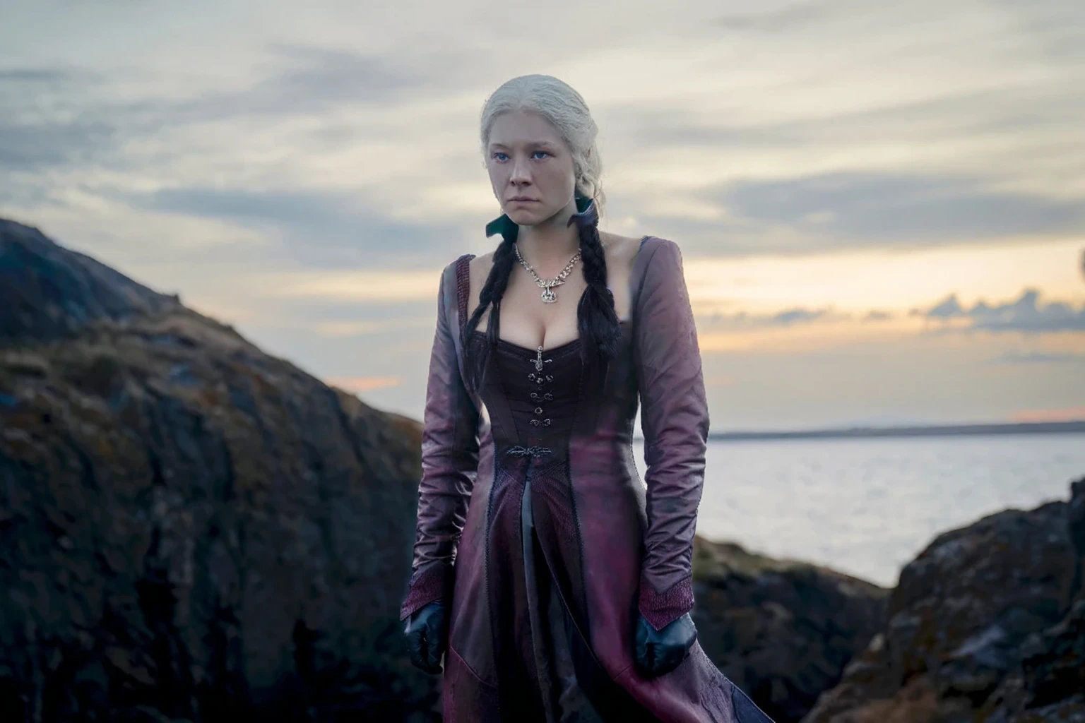 Albino girl with long wavy hair, survival clothing. big breasts 