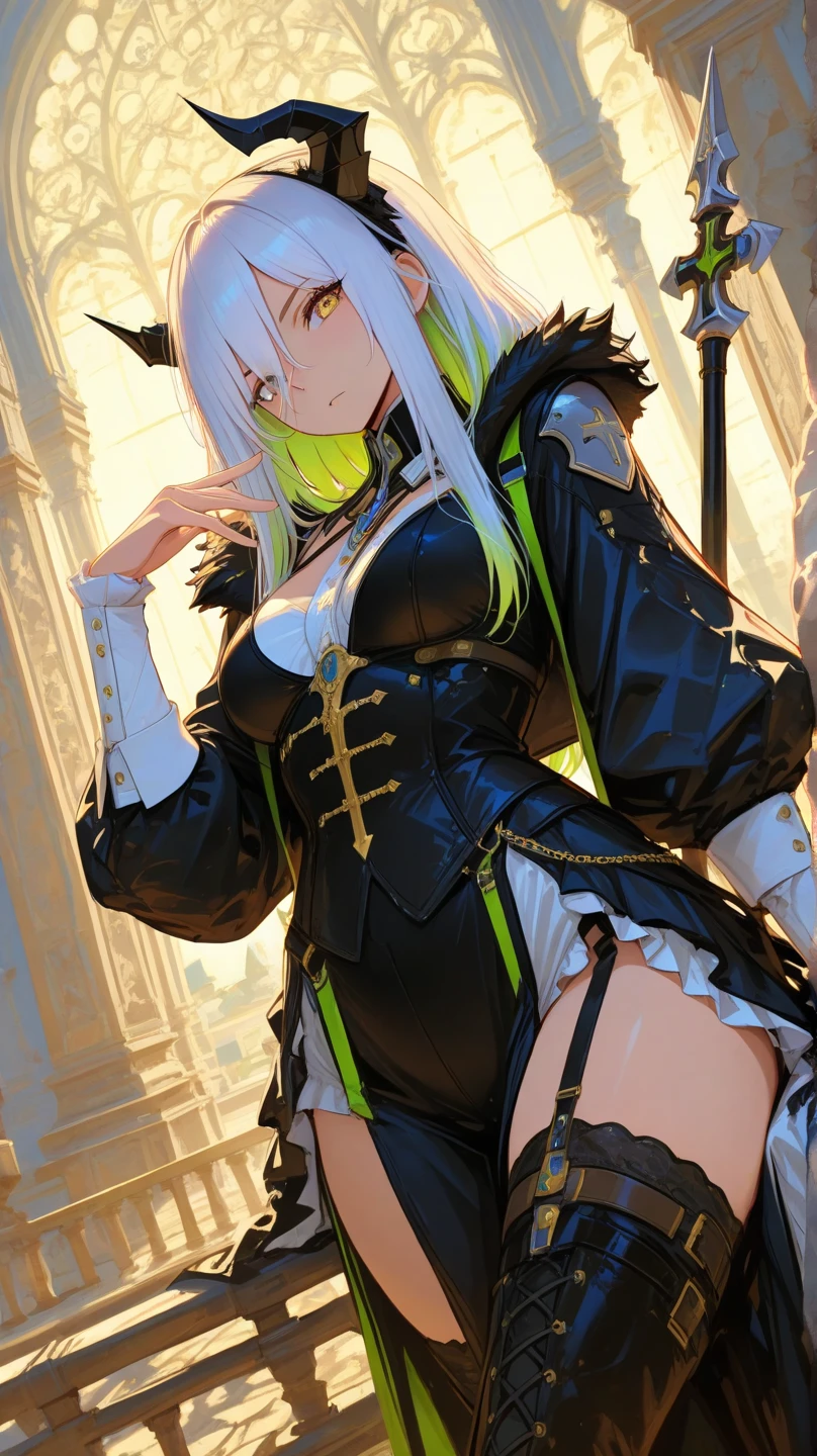 ((highest quality)),High resolution,Sharp focus,(Super detailed,Very detailed),
(Very detailed CG unity 8k wallpaper),(((Vibrant colors))),Anime Style,
Natural skin texture 鮮明な詳細, (Realistic eyes, Natural skin texture, Realistic facial details),
1 girl, Beautiful and elaborate face, Perfect Eyes,((Silver Hair)),Long Hair,Echidna, Deep purple eyes, 
Butterfly Hair Ornament, (Colored eyelashes:1.1), eye shadow,
Red pink lips,The colors of another world,Arrogant look, Domineering smile,The corners of the mouth turn up,Big and ample breasts,Camel Toe 
(Flying debris, 超High resolution),(((Black and Green Theme))),Wear an iridescent aura,
Invisible Light, Amazing shine, Neon green glow, 
Bright colors, Ghostly Effects,Surreal Landscape,Long sleeve,Black long dress,Capelet,spread arms, from below, looking away,