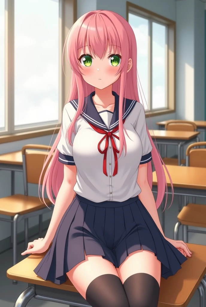 (highest quality), (masterpiece), pink hair, long hair, kind gal, put your elbows on the desk, sit on a chair, Nihilistic face, pink panties, I can see her panties from under the desk., classroom, black uniform, black skirt