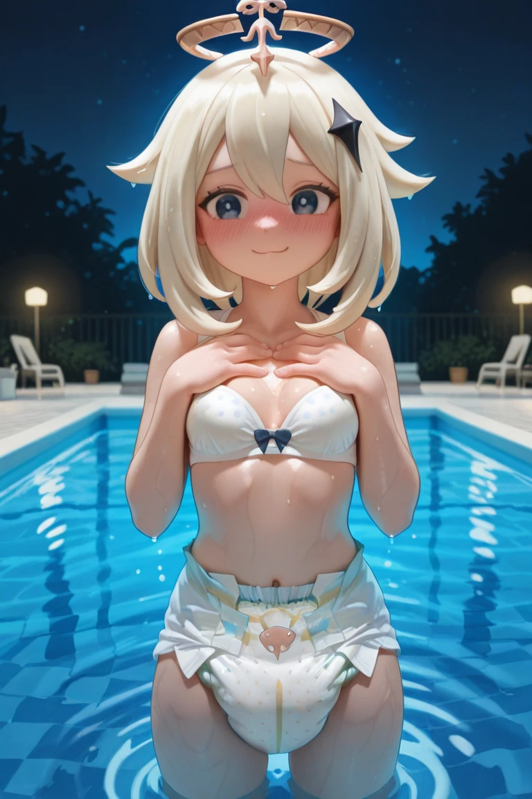 blonde, short hair, girl１,  in the night Poolside, upper body, completely nude, (small nipples:1.2), (small areolas:1.2), kawaii, cute, pale purple eyes,