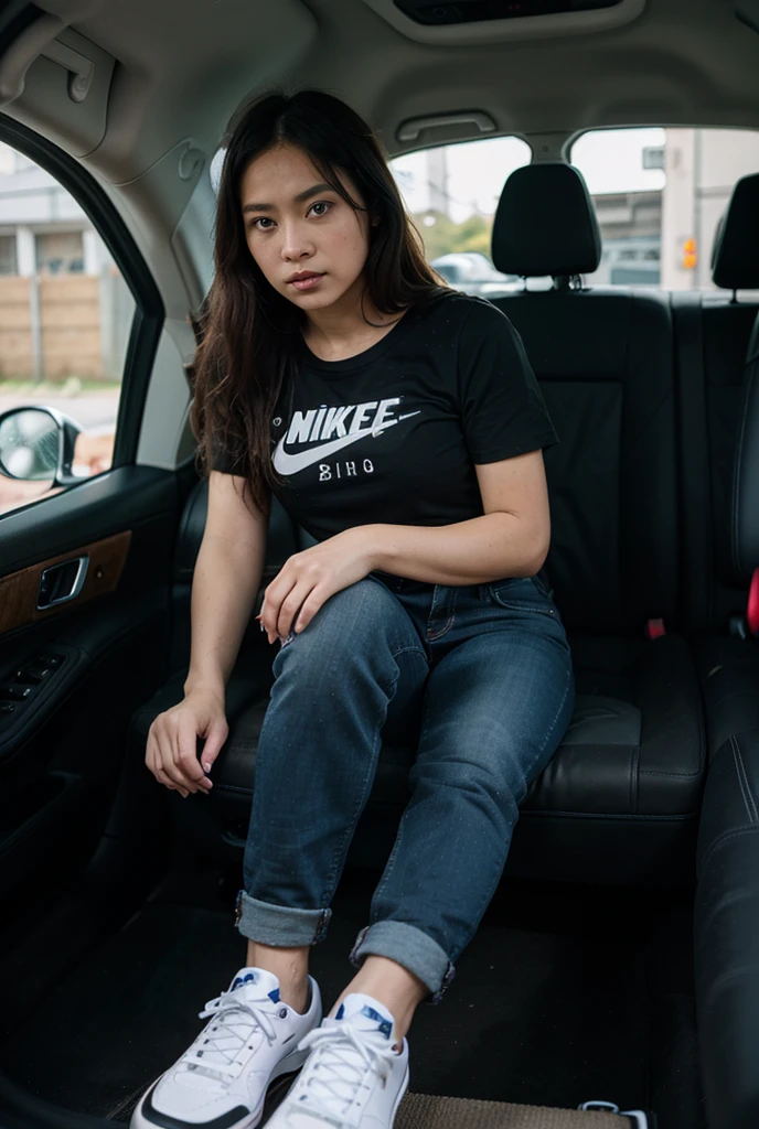 "Ultra-realistic image of a woman with short red hair, up to her shoulders, with big breasts and a big round, firm butt. She is sitting in the passenger seat of a modern Audi R5, on the way to Madrid on the highway, with landscapes visible through the window. He is wearing a black t-shirt with sunflowers printed on it and black jean shorts, which highlights his figure. The sunlight gently illuminates the interior of the car, and the image should be as real as possible, without errors. in the girl's generation."
