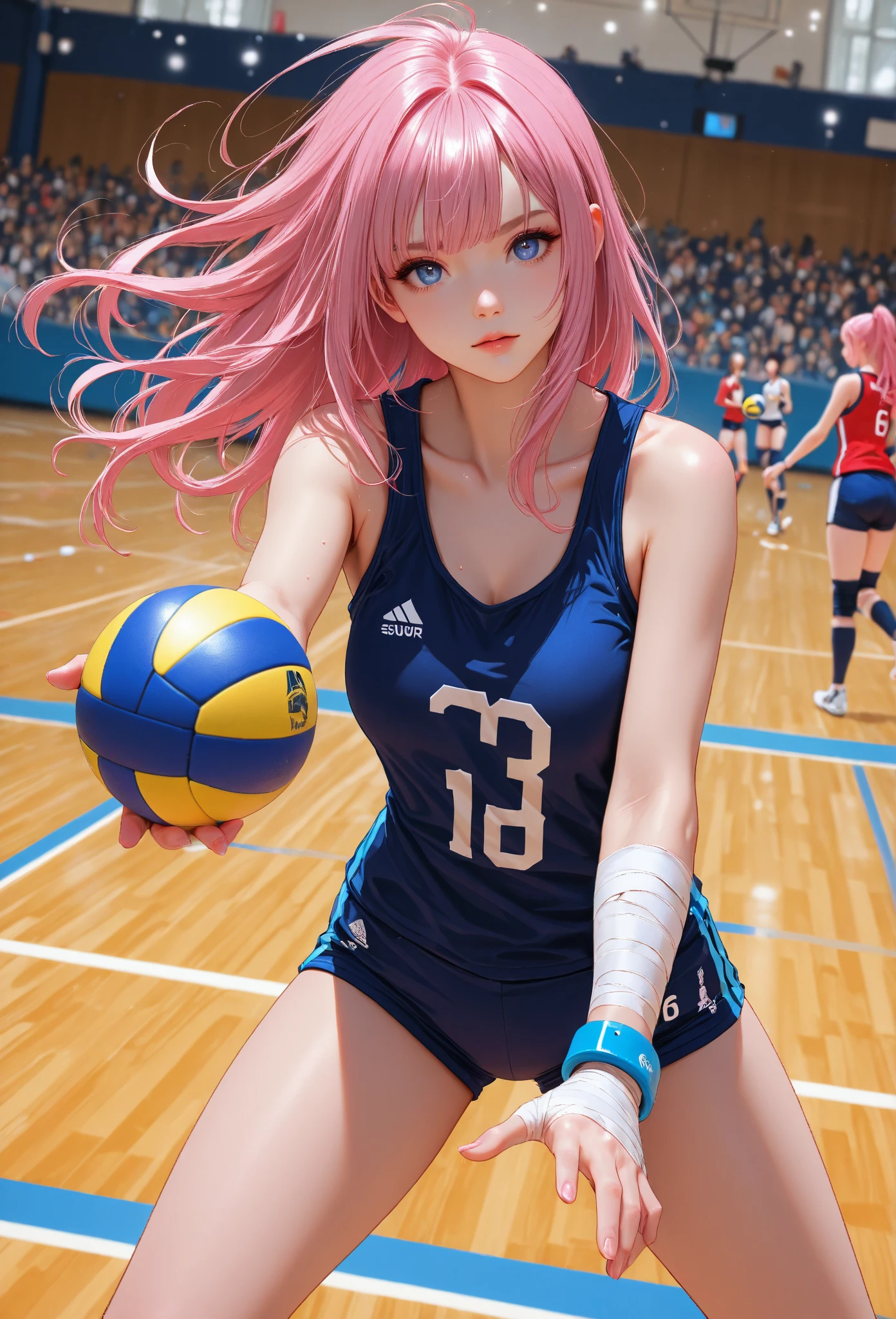 ((Highest quality, 8k, masterpiece :1.3)), (Sharp focus :1.2, Beautiful woman with perfect figure :1.4, Slim Abs), ((Big Breasts, Emphasize cleavage:1.2)), (Photorealistic:1.4), (realistic:1.4), (Pink Hair:1.5), Highly detailed face and skin texture, Fine grain, double eyelid. Makeup face, A little bit of lipstick, sex appeal, Sexy gravure pose, ((A high school girl in uniform、Playing volleyball in the gym。She is about to jump and hit the ball。The red wristband is an accessory.。:1.3))