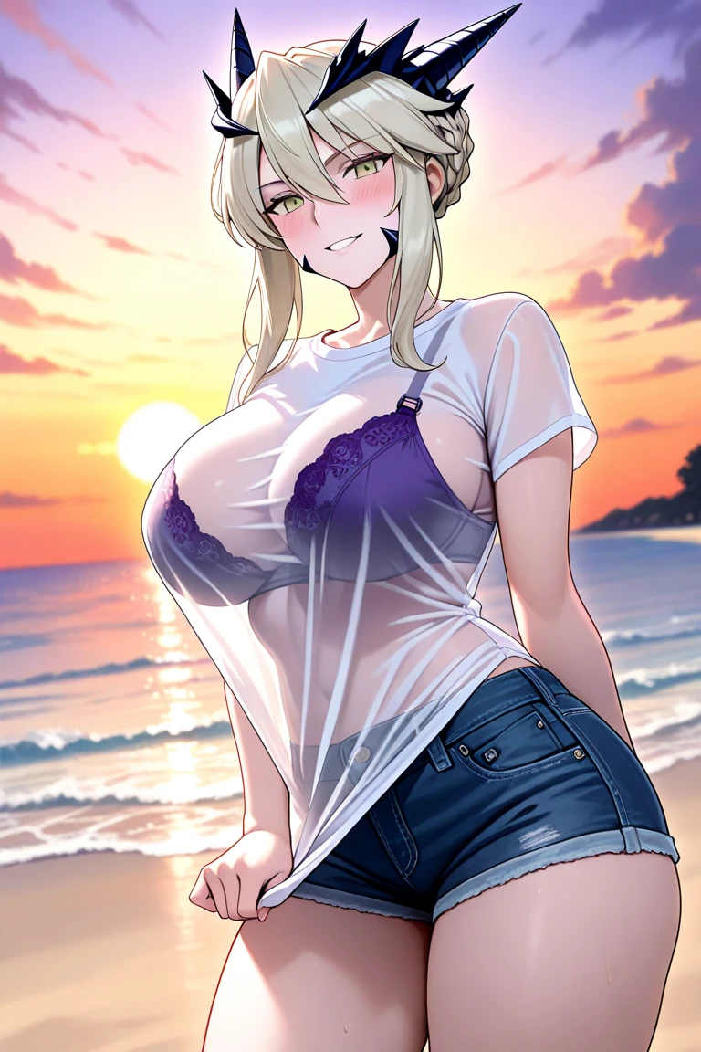 最high quality, 8k, High resolution, high quality, masterpiece, beautiful, (Anatomically correct:1.2), 10th Generation, A beautiful woman, Silky Blonde, jagged hair, Orange eyes, (Brown Skin:1.3), Attractive person, Soft looking huge breasts, Leopard print micro bikini, (Blue short jeans), Night Beach, bed, ear piercing, (1girl:1.3), arched back, naughty face, fellatio, 1boy, penis, spoken heart, bukkake,