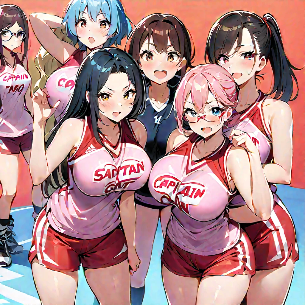 group of girls, 10 girls, softball team, long hair, dark hair, ponytails, beautiful women, perfect bodies, perfects breasts, huge breasts, wearing black softball uniforms, wearing black softball hats, looking at viewer