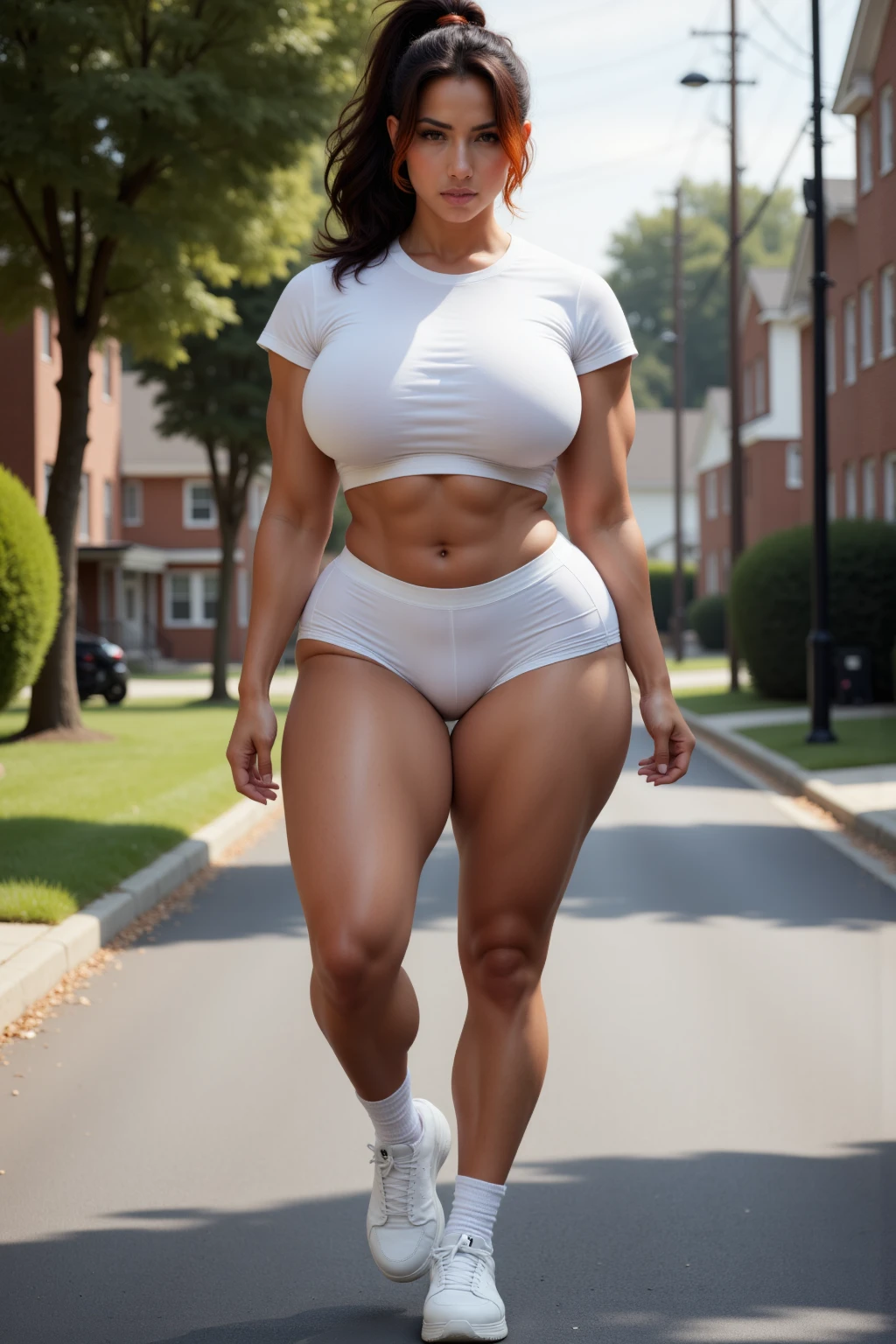 a woman in a pink top and grey pants standing on a sidewalk, skinny waist and thick hips, wide hips, wearing tight  clothes, thicc, tight outfit, thick body, beautiful thick female, nicki minaj curvy, thick thighs, she has a jiggly fat round belly, thick, thick thigs, widest hips, tight attire