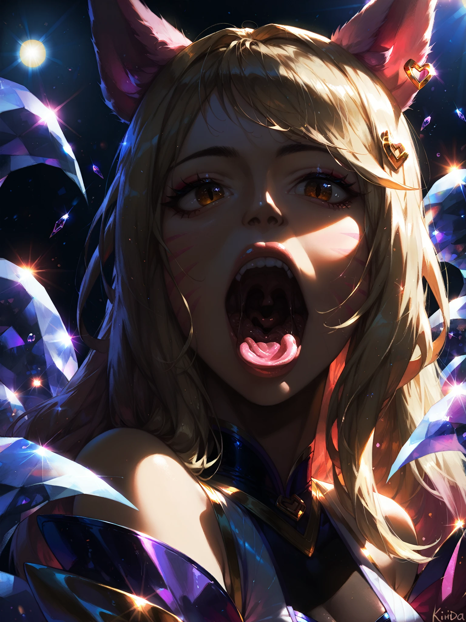1girl,bowsette,long hair,blonde hair,blue eyes,(white horns),pink crown,(black dress),long dress,sleeveless,black bracelet,big breasts,sharp teeth,shark teeth,moutn open,mouth totally open,(tongue out),(saliva),(saliva drip),inner mouth,uvula,extreme close up,close to face,near face,masterpiece,extremely detailed CG unity 8k wallpaper, best quality,32k,focus sharp, <lora:Bowsette_v1_09epo:0.5>,<lora:add_detail:0.8>, <lora:Light and Shadow:0.7>,