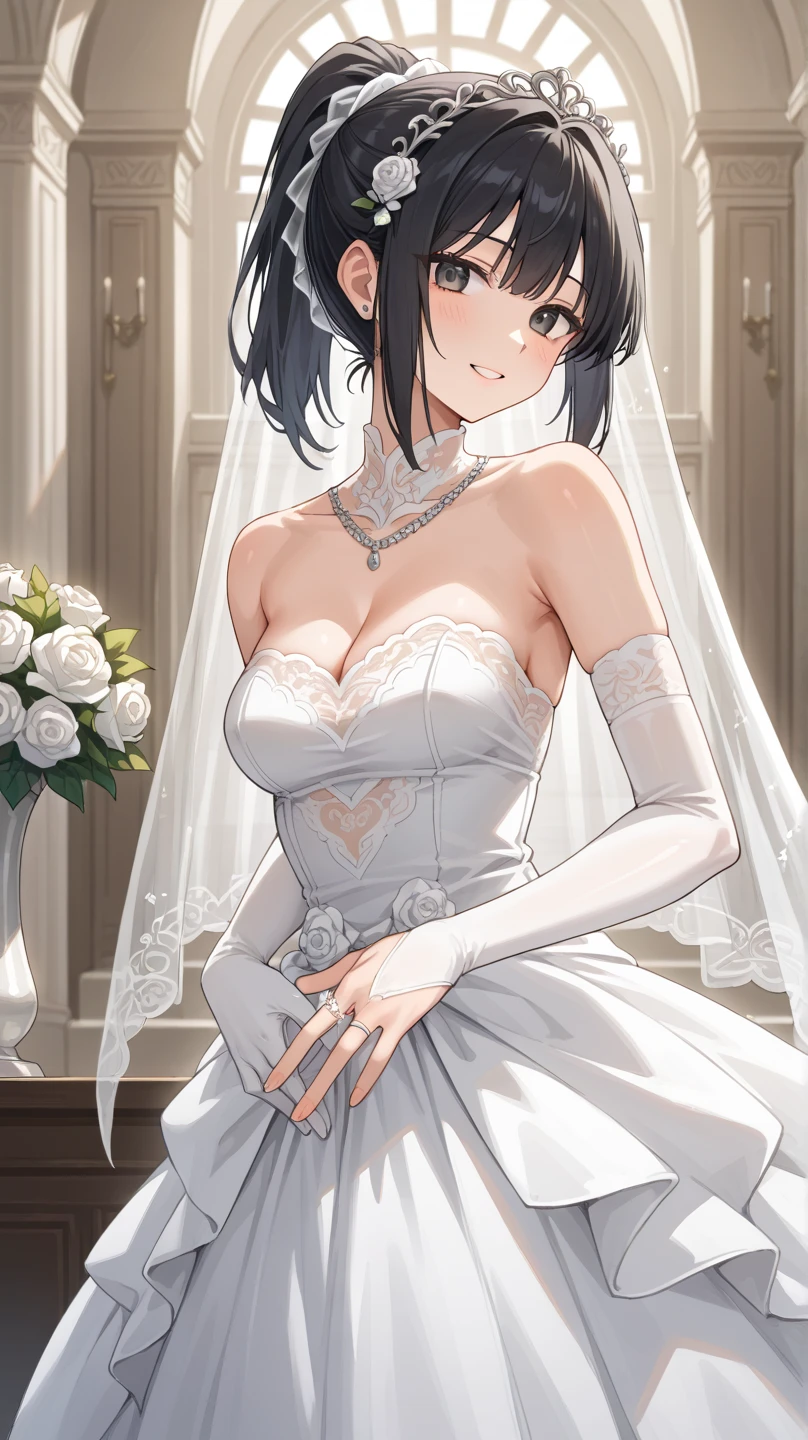 Wedding dress, smiling
