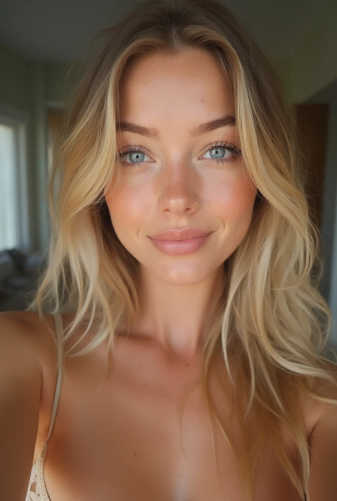 Monica eats a hamburger in a restaurant instagram selfie , a 19 year old gorgeous woman, in love with the viewer, happy smile , detailed skin face and eyes, natural lighting , at home , long thick blond hair, brown roots hair, brown eyebrows,, sexy night black outfit, film grain, natural face, blue eyes, dark circles under eyes, big breasts, cleavage, wide shoulders, fit body, natural makeup, thin waist,