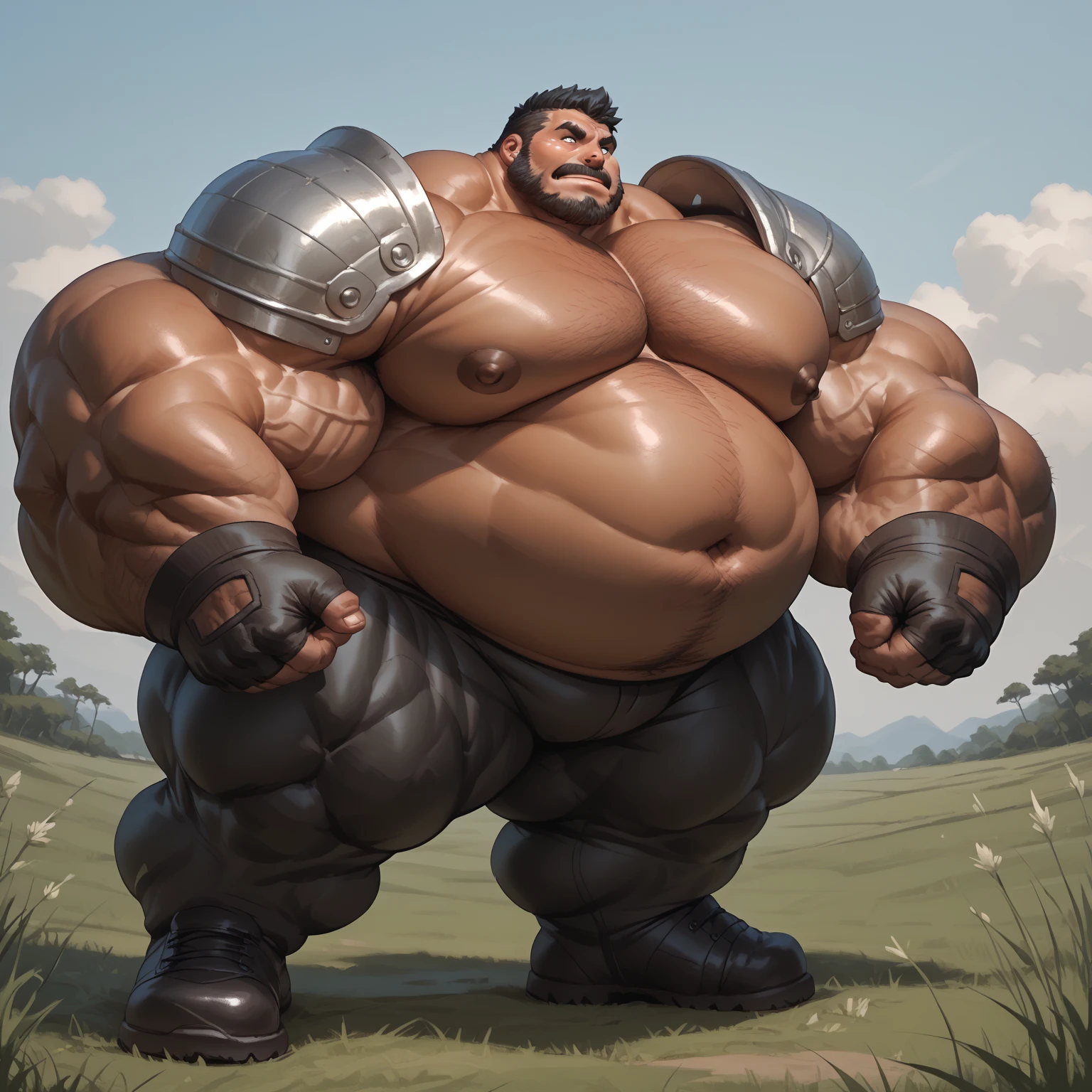 Epic Citizen Zootopia style, My Heroe Academia Character, Dungeons and Dragons style, A poor villager, Real life, Anime serie, Anime character, Obese muscle Obese Sumo wrestler Werebeast ???, full body pic (obese, strong legs and arms) Sumo wrestler Werebeast ???. Obese muscle fat ??? (bulky, wide, broad shoulders), Citizen obese Werebeast ???,  Front view, (skyrim game):1.4 full height, anthro (lion), male, feline, adult, solo, muscles:1.6, athletic:2, dense:1 build, ripped:1.6 body, vascular veins:2, defined:1 abs:2, tall, big torso, strong pecs, strong shoulders, wide:1.2 shoulders, wide chest, wide pecs, (erect tense genital collumn):1.2 topless, bare chest), correct anatomy, tail, skinny:1.9, (dark:1 brown fur, big black mane, detailed fur:1.4), smiling, (high quality ultradetailed:1 green eyes), rough:1 face, tough:1 face, masculine:1.2, old man, detailed background, fantasy battlefield background, photorealistic, hyperrealistic, ultradetailed, (masterpiece:1.2), epic, natural lighting, (by takemoto arashi, by meesh, by Taran Fiddler)