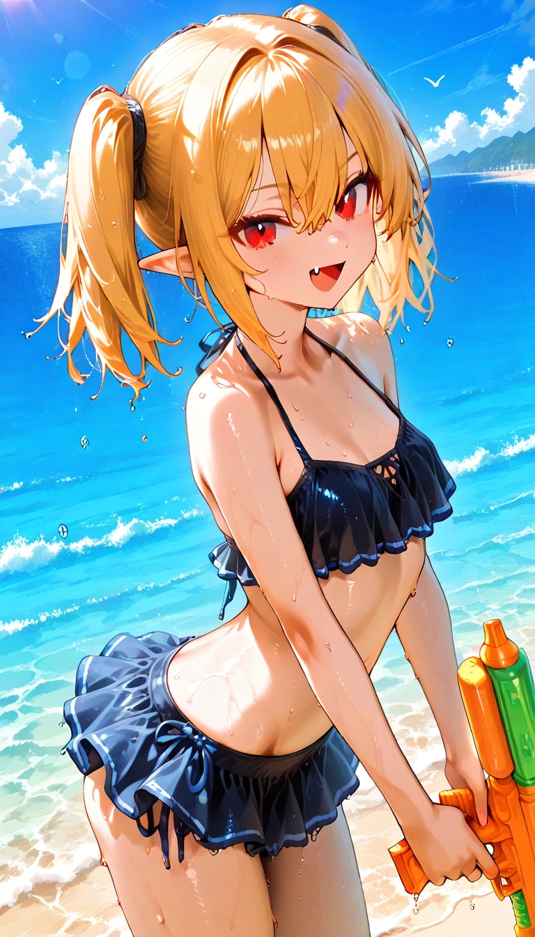 loli, outside, open mouth, smiling, daylight, short, small, pointy ears, blonde hair, swimsuit, bikini