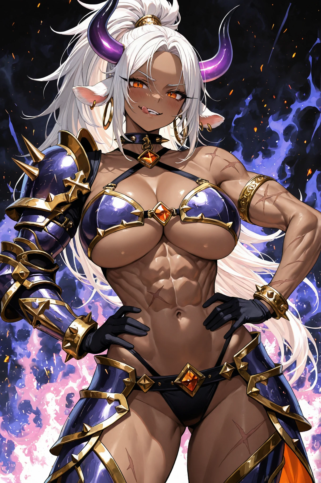Helga、One Girl、chest、One person、ax、arms、horn、Dark Skin、Dark Skinの女性、scar、short hair、Tattoo、Gauntlet、White Hair、Muscular、Muscularの女性、Big Breasts、Abdominal muscles、Staring at the audience、smile、Fur decoration、Black Micro Bikini、belly button、Beach、