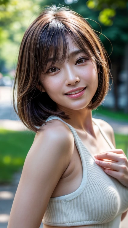 1 Female,Cleavage,Focus on the cleavage,sexy,Realistic,Highest quality,8K, Ultra high definition,RAW Photos,Perfect figure,Beauty,Small breasts,smile,View your viewers,Shooting from directly in front,Sports bra,Upper body zoom