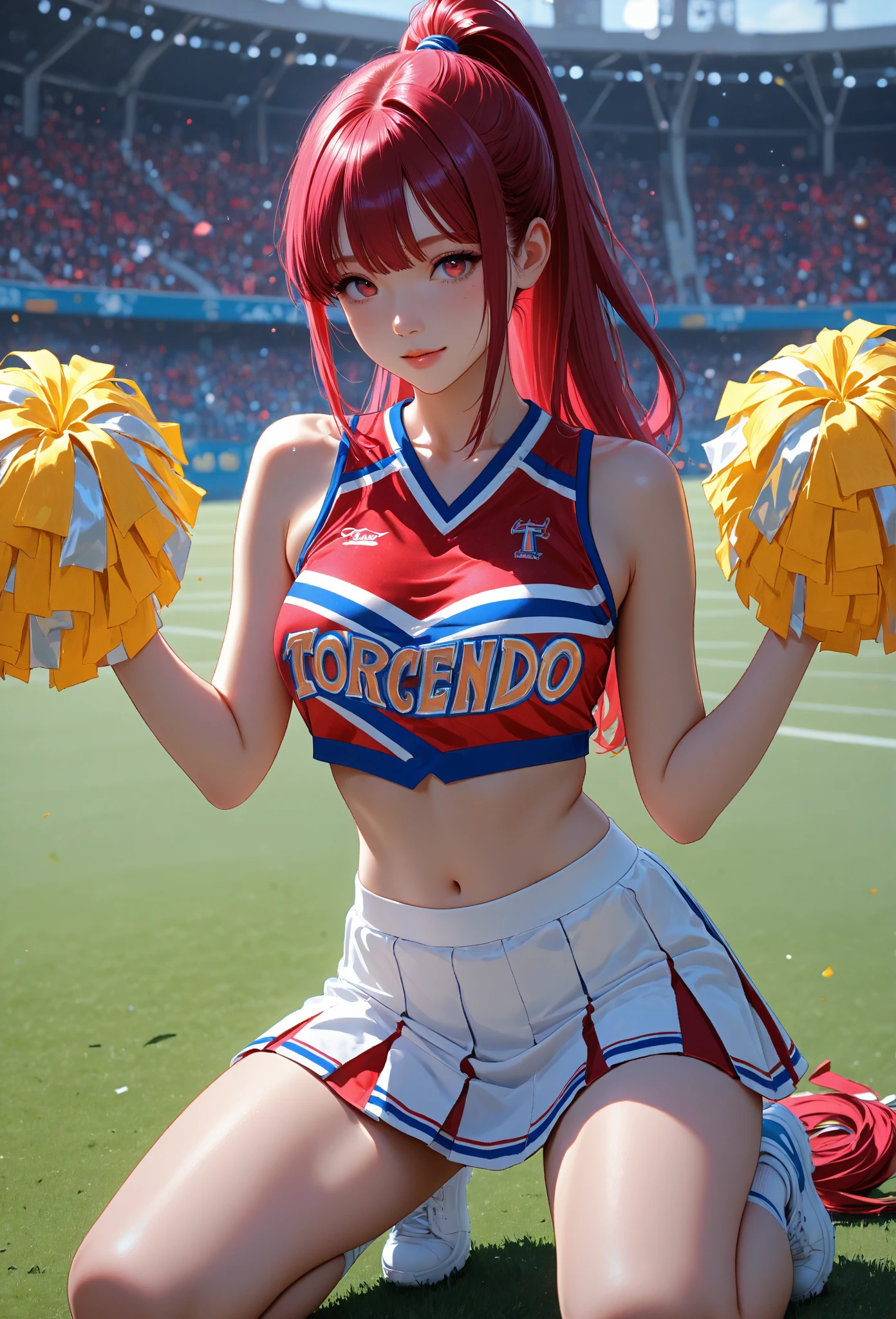 Realistic girl in a cheerleader outfit holding a pom poms, red hair, red eyes, cute, ambrashing