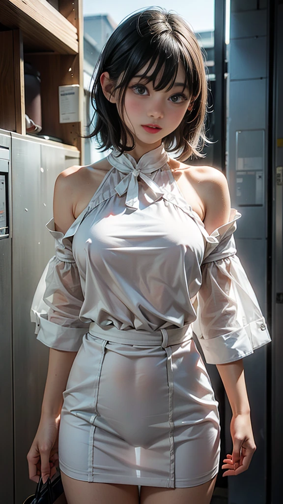 (,Street lamp,moon),masterpiece, One woman, Solo Exhibitions, Beautiful woman with small breasts,Beautiful Goddess Portrait, Beautiful and elaborate face, Porcelain-like skin, (((Full Shot,center, night, Black Hair, short hair)), Very soft lighting, Full Shot,Symmetric, complicated, grace, Attention to detail, realism, art, concept art,White clothes