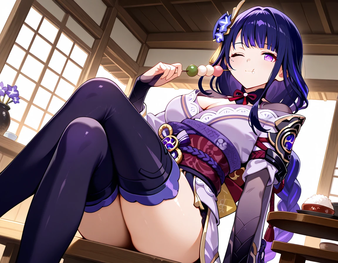 1Raiden shogun, large breasts,clothes in mouth, cleavage, navel, t-shirt, ((bra)),clothes lift, skirt, lying, full Body,sexy body,sitting