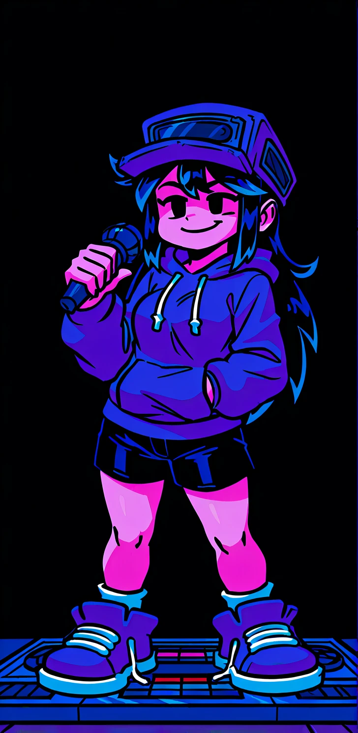 cassette_girl, 1girl, solo, long hair, smile, open mouth, simple background, black hair, long sleeves, hat, holding, standing, full body, shoes, shorts, hood, grey background, black eyes, hoodie, black shorts, hood down, bike shorts, sneakers, microphone, baseball cap, blue headwear, smoke, blue footwear, cigarette, smoking, drawstring, holding microphone, black hoodie, blue hoodie