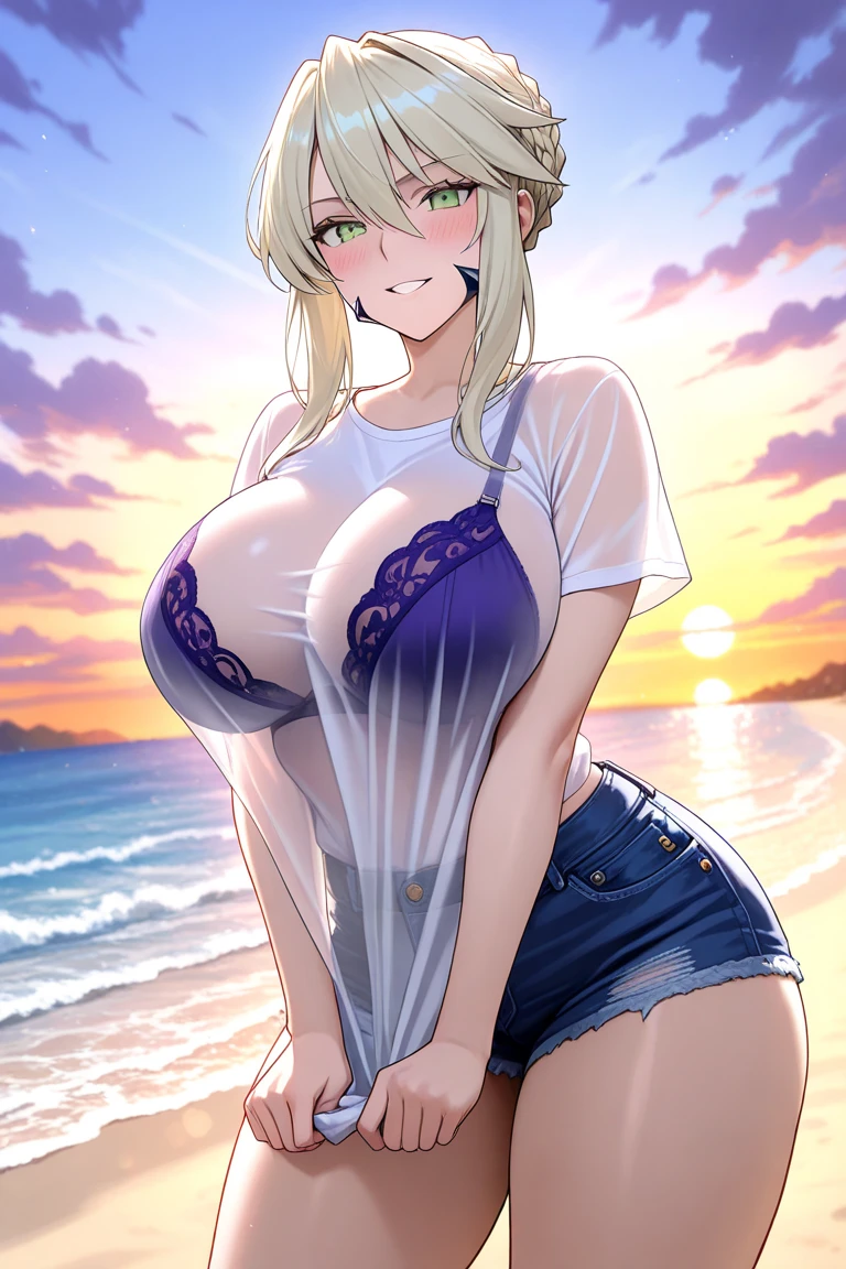 (Highest quality:1.2, Anime artwork, Very detailed, Attention to detail, digital coloring, High Contrast, masterpiece:1.2, Highest quality, Best aesthetics), (((kitagawa marin, 1 girl))), ((Green Hair、Pink mesh, Medium short hair catalogue, Clean gradient hair, Red eyes、Magenta Eyes)), Earrings, White shirt, Black choker, Check skirt,, smile, Are standing, Cowboy Shot, Sunset on the beach、Detailed Background,Big Breasts:1.1 、Cleavage、Lightweight shirt、(Pink underwear、Underwear is visible)、Perfect hands、Beautiful fingertips、The enchanting Bose、