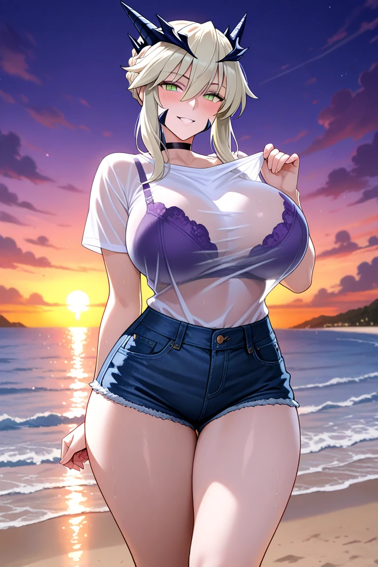 Tawna is wearing her wet pink shirt and blue shorts and she has large breasts and is skinny and she is human and she has a large boob hole