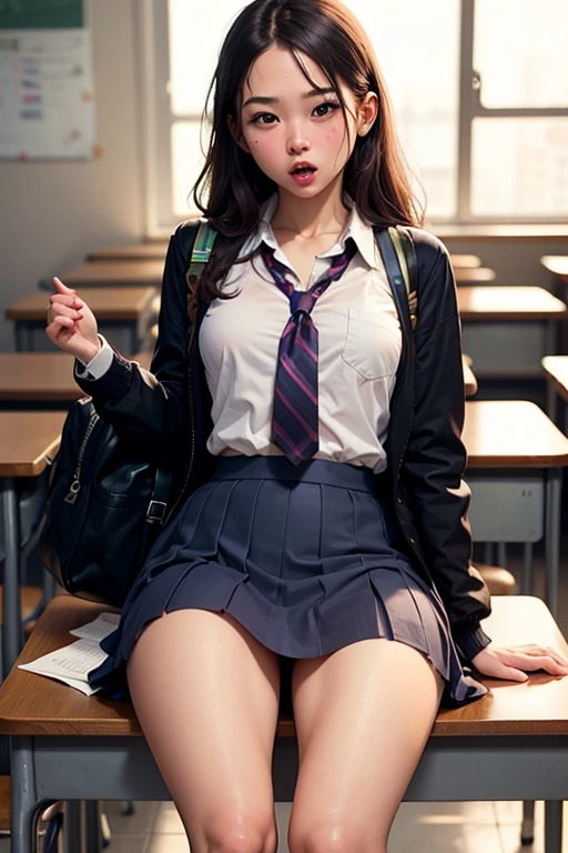 Semi-naked female teacher,Spread your legs,is facing the camera,The expression of
