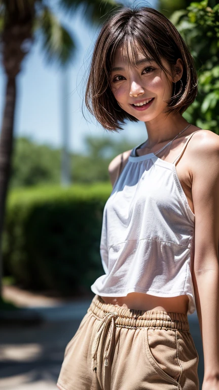 highest quality, masterpiece, 超High resolution, (realistic: 1.4), (Look off: 1.4), (Look off: 1.4), Don't look at the camera, RAW photo, one girl, black hair, (Straight Bob: 1.4), (Patsun: 1.4), bangs, smile, Glossy skin, dramatic lighting, neat, White blouse with open chest, Wet and sheer white blouse, (big: 0.9), garden、Underwear flickering、sexy、high resolution、High resolution