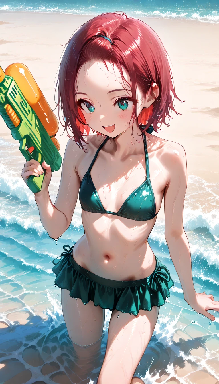 In the image, a girl with short black hair with red tips is shown. Her expression is determined as she holds a yellow water gun, pointing it directly at the viewer. Her black bikini is untied, covering her breast with one hand while the other end of the bikini floats in the wind. Behind her, the tail of a dolphin or orca can be seen in the water. The background is a beach scene, with a clear blue sky and fluffy clouds. The style is digital art with typical anime characteristics, with bright colors and a focus on body details and facial expressions. The action suggests a playful atmosphere, probably in the middle of a water battle on the beach.
