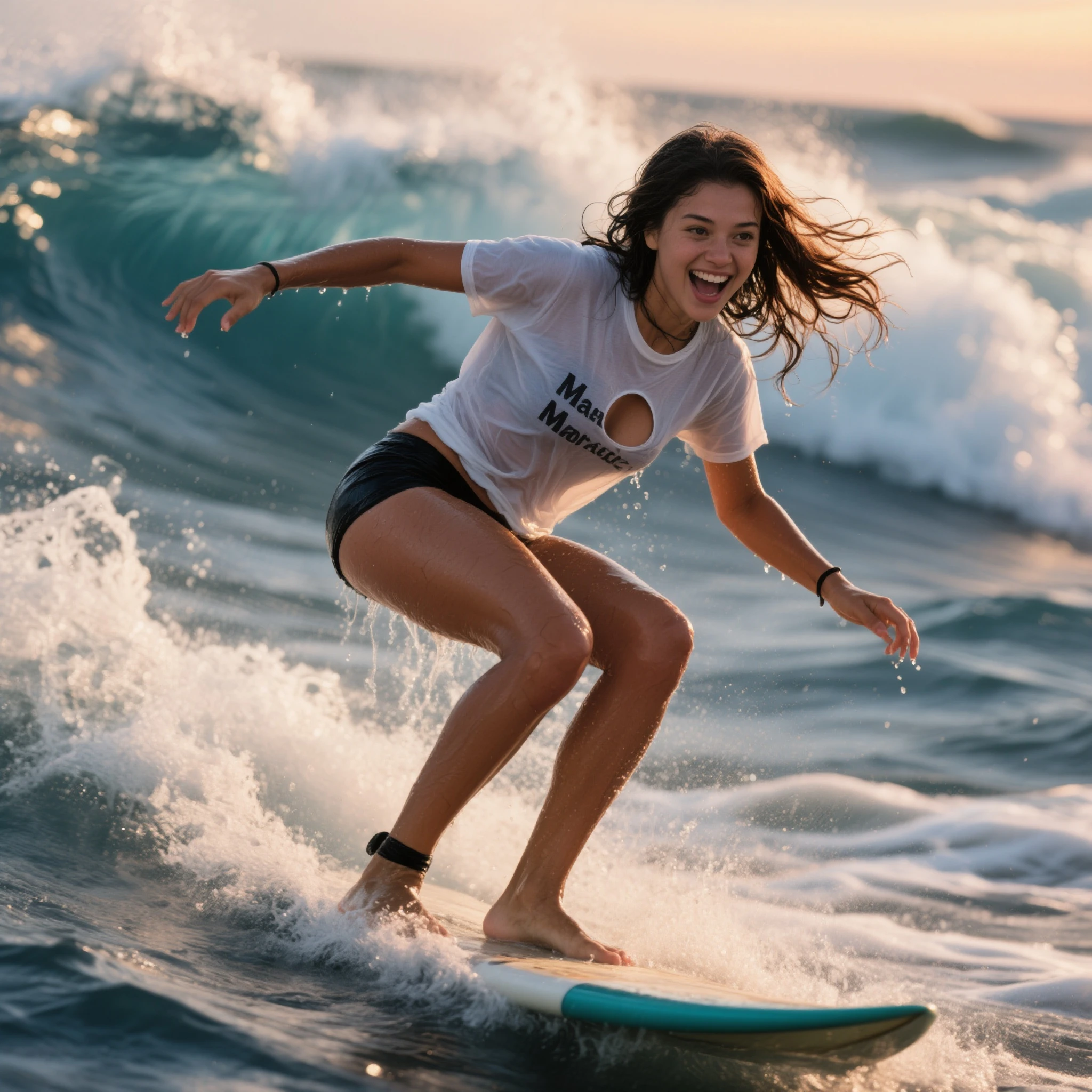 (2 person), Solo, Beautiful Detail Eye, {{{Masterpiece}, {{Best Quality}, {{Super Detail}}, {Illustration}, Cinematic Angle, {Beautiful Detail Eye}, {Detail Light}, Cinematic Lighting, Cute Girl, Short Hair, Moments in the Surf. A beautiful woman floating in the blue sea straddles a surfboard and runs freely on the waves. The sunlight makes her hair and body shine, smiling as she rides the wind. A moment of ultimate  and excitement. The costume is a combination of a long-sleeved rash guard and shorts. The rash guard does not fit too much to the body, has a bright shade and has a small logo on the chest. Shorts are made of comfortable materials and emphasize ease of movement. It brings out the sporty charm.