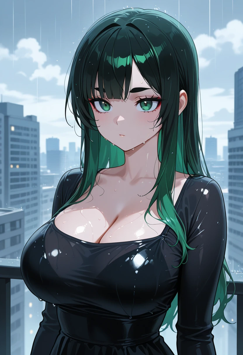 1girl:1.5, masterpiece,(in the middle of the city:1.5), raw color, 8k, illustrator, masterpiece, high quality, 8k, high resolution, high detailed, midriff, high quality, (very detailed cg unity 8k wallpaper),best qualtiy,cinematic lighting, ultra - detailed,masterpiece,), (cleavage:1), (bodypress turtleneck dress:1.5), (big breast), depth of field, front view, smirk smile, detail face, armpit, full body, (highheels), (hollow chest:1.5), green eyes, (green color hair:1.2),By bang,short hair,