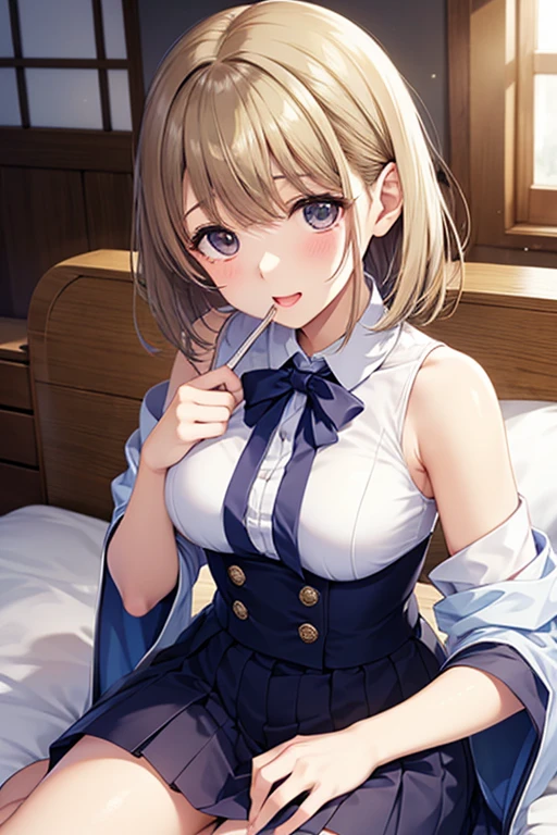 (masterpiece)、(absurdres)、(ultra detailed)、(8k)、(solo girl)、(blonde hair:1.0)、(shiny red eyes:1.1)、(highponytail:0.9)、(a little red libbon:0.8)、(long hair:0.7)、((big breast:0.8))、(fantsy blue open blazer)、(one hand skirt lift),(white panties)、(white bra)、Back of the school building、blush,Put your index finger up and over your mouth、cowboy shot,