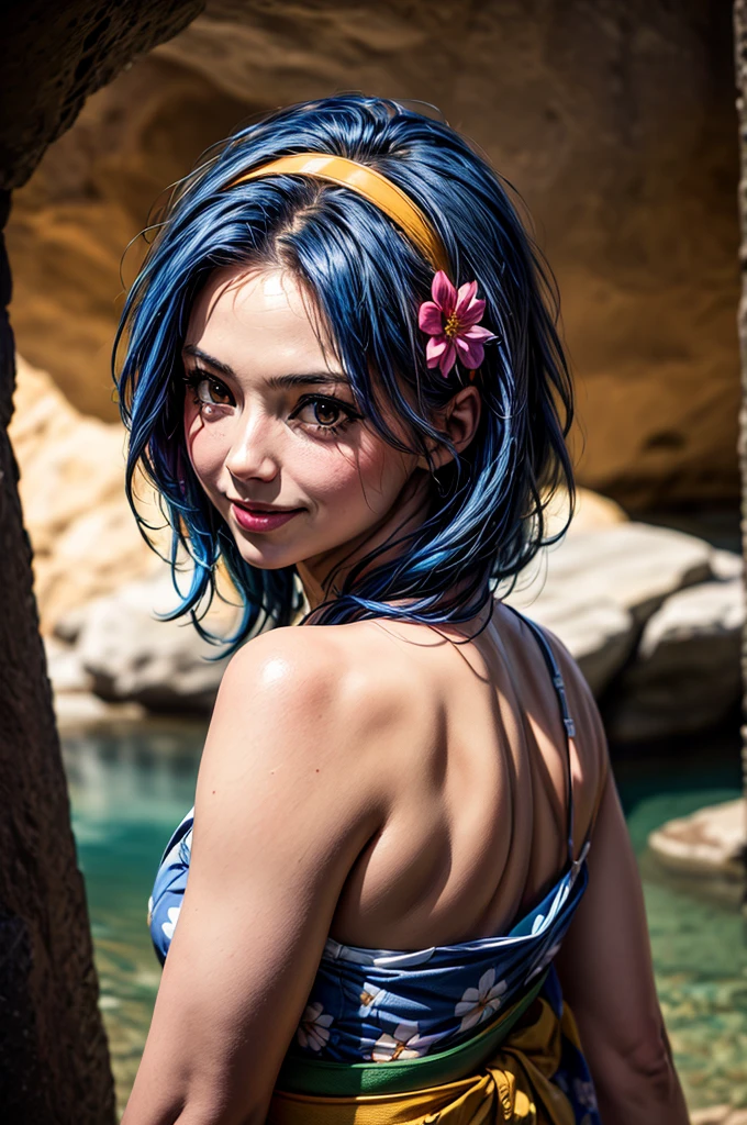 face, short_hair, blue hair, gorgeous, sexy, seductive, girl, cleavage, sexy bra, bikini, sexy pose, western, hot girl, happy, dancing, dancing at beach,