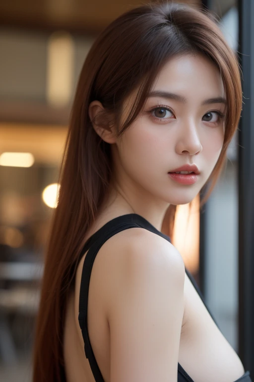 1 Real photos of cute Korean stars, Hair combed back, white skinned, light make-up, 32 inches bust, Wearing a blue suit, Black dress, in the office window, portrait of upper body, spark of light, hyper HD