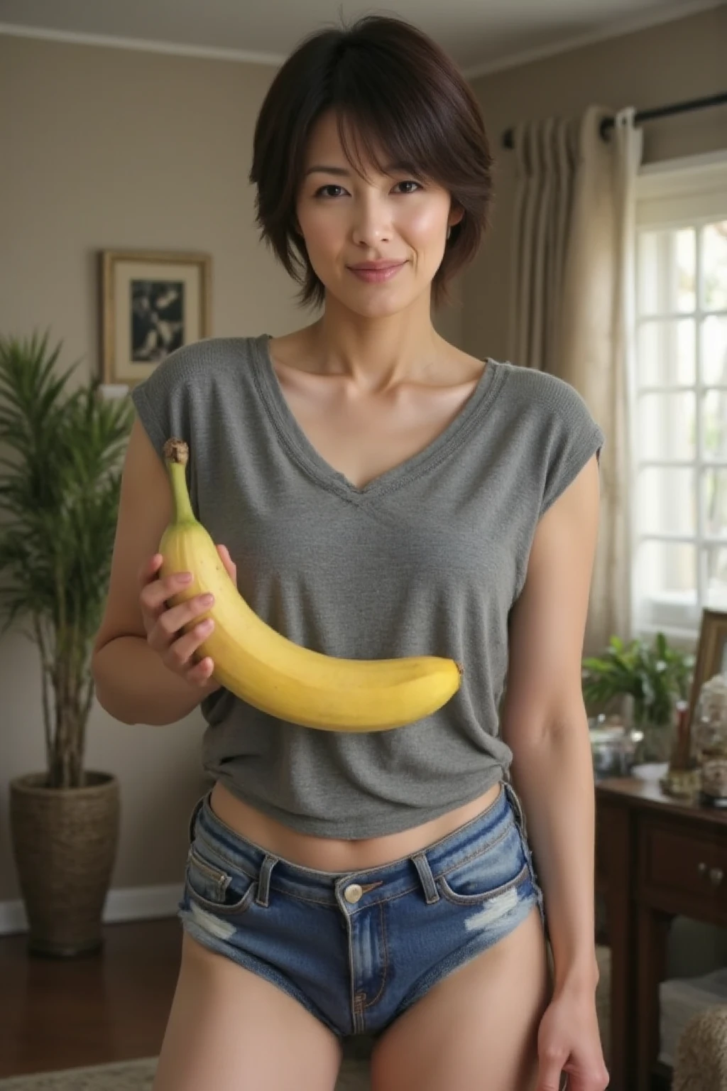 High resolution, High resolution, Attention to detail, masterpiece, Rough skin, Anatomically correct, sharp, Gray background((Japanese Mature, Beauty Witch)), alone, ((Facial wrinkles、50 Talent)), Shapely large breasts, Straight light brown hair reaching to the shoulders, Chubby body type (((Stand upright, Facing the center of the screen.))), A mouth holding a banana in its mouth、Future outlook, ((See-through underwear)),smile