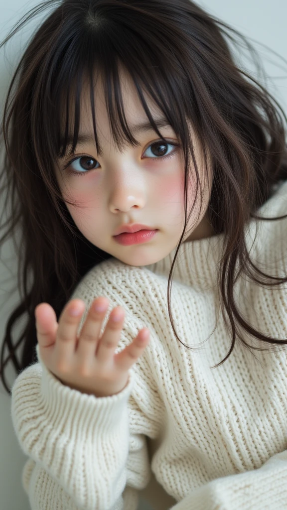 Girl with long hair wearing a white sweater and black ears muffler, drowsy, sleepy fashion model face, lalisa manobal, cute bangs, white bangs, cute cute, cute cute, with full bangs, sleeping, cute girl, cute girl, nina masic, anastasia ovchinnikova, sleepy eyes, cold but cute