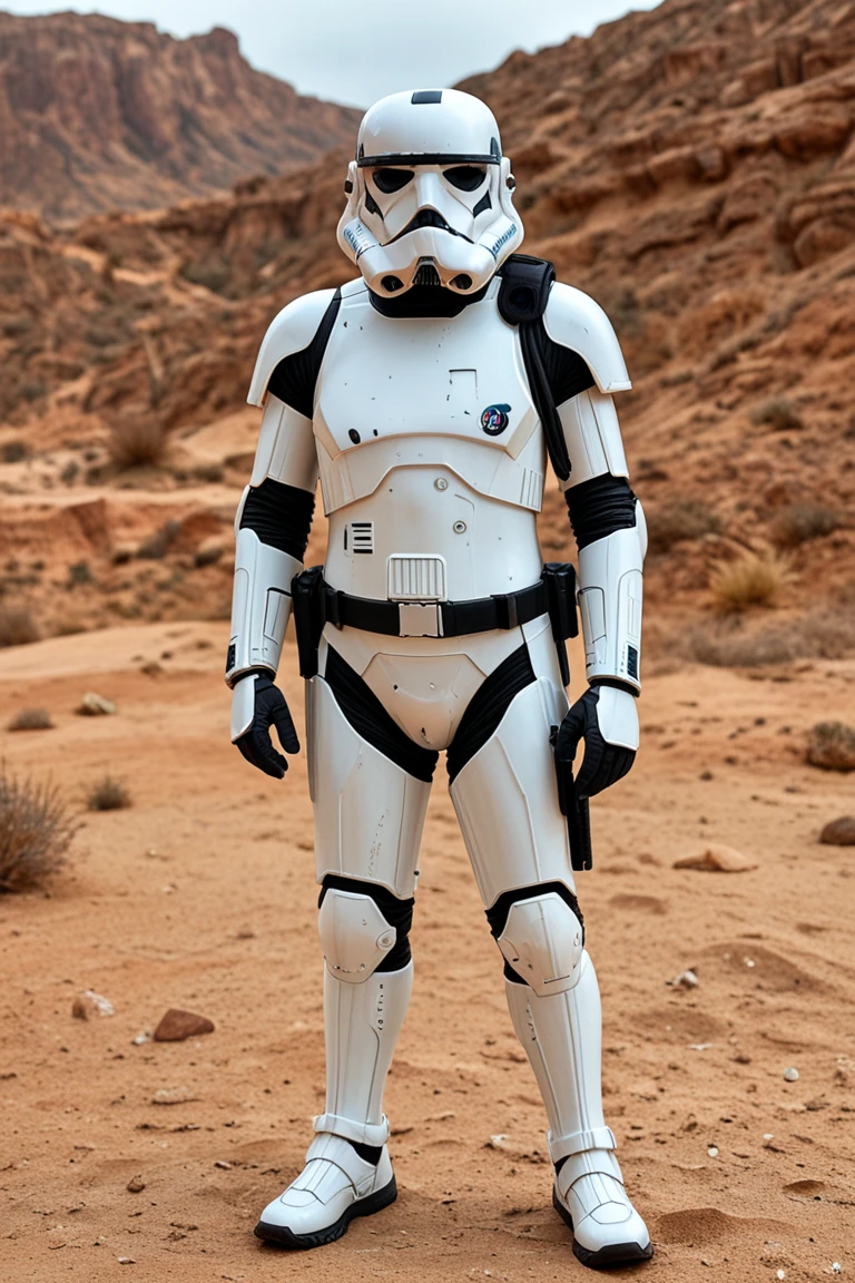 perfect image, ((photorealistic)), full body, soldier with stormtrooper type armor, damaged and dirty armor, photo with canon EOS R6, pistol in right hand --auto --s2