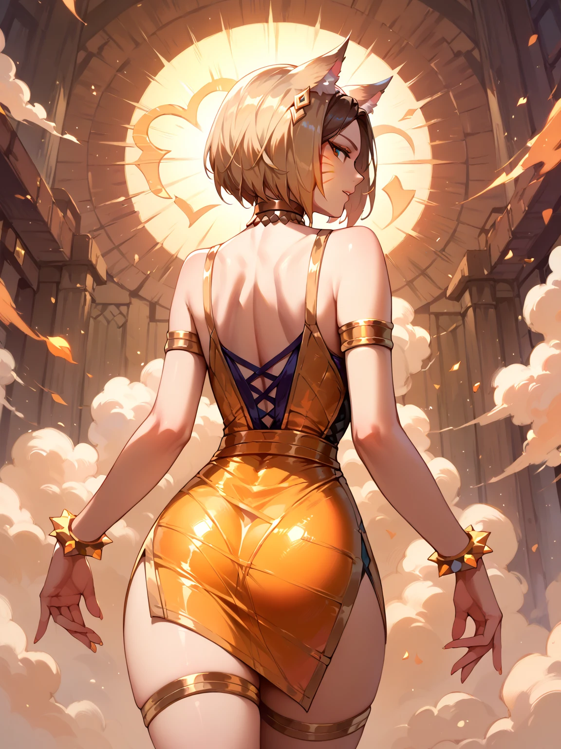 makima \(chainsaw man\), best quality, ultra detailed, 1girl, solo, standing, blonde hair, long braided hair, golden eyes, bangs, medium breasts, white shirt, necktie, stare, smile, (evil:1.2), looking at viewer, (interview:1.3), (dark background, chains:1.3), sitting, pantyhose, ((1girl)), bottomless, beautiful, masterpiece, best quality, shiny skin, pussy, hand on own ass, ass, looking back, spread ass, SpreadAssMS,
nude,
makima \(chainsaw man\)