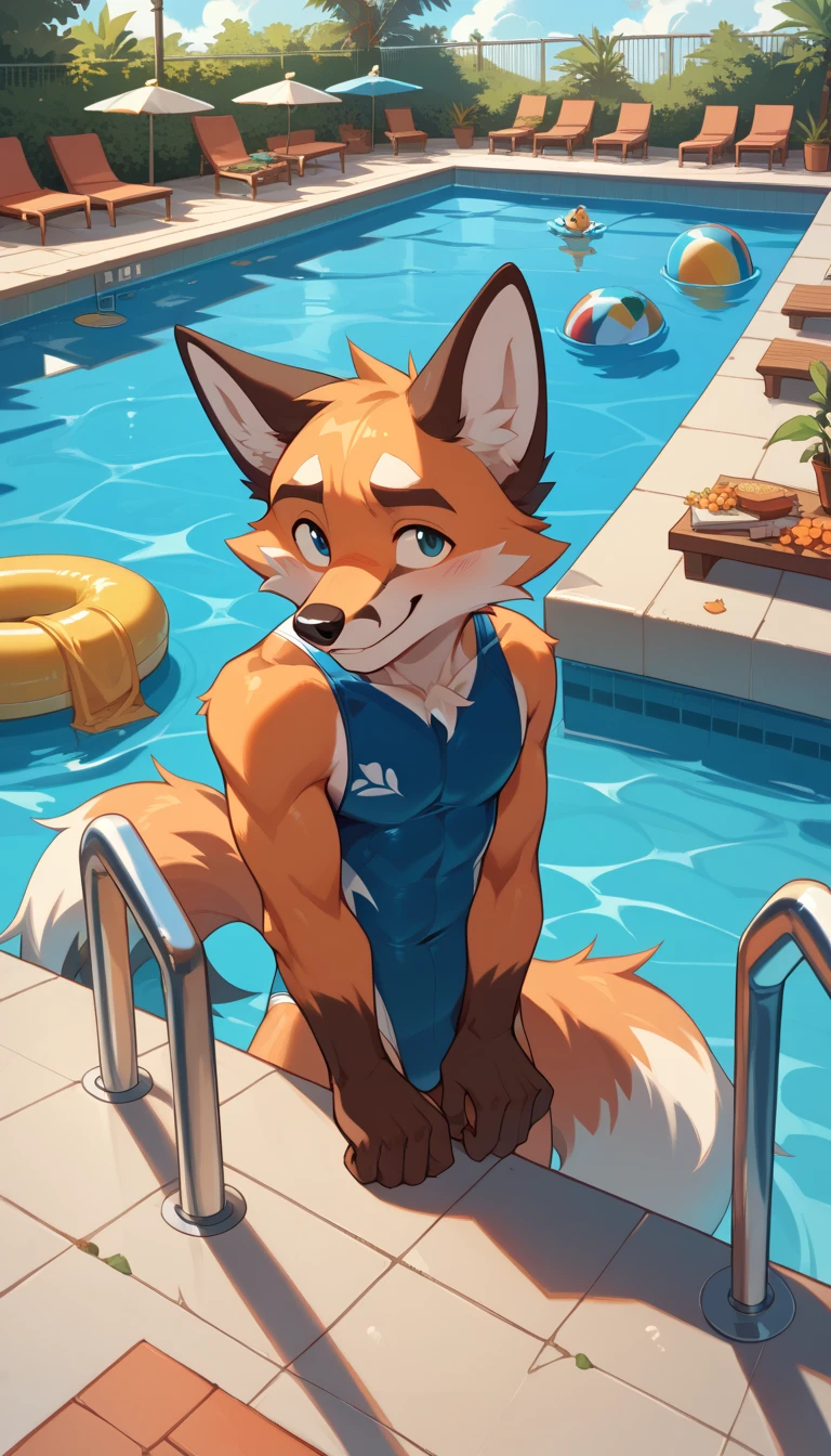 Top shot of an anthropomorphic male teenage fox which is relaxing on a pool with crystal clear water, all this while showing a smile on his face, winks and has an arm extended upward while his hand gestures a V sign, the scene is perfectly lit by the midday sun.