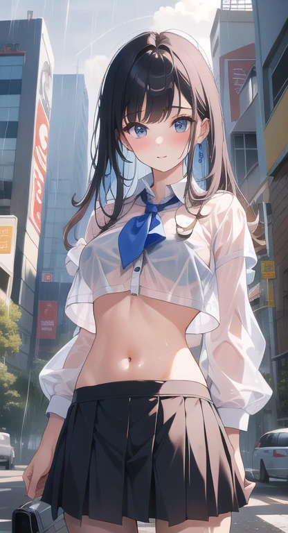 a girl is sitting at a set of street signs in japan, 1girl, barefoot, skirt, solo, blue eyes, underwear, shirt, long hair, white panties, panties, blue skirt, bow, blush, navel, arm up, sign, bangs, black hair, blurry background, blue bow, clothes lift, pleated skirt, hair between eyes, blurry, :<, parted lips, short sleeves, very long hair, skirt lift