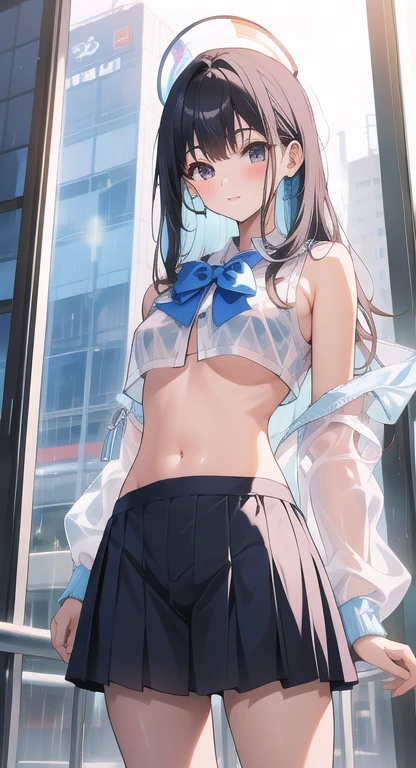 8K, Attractive, intensely detailed, 20 Year Old Girl, sexy and attractive woman with dark, black hair. She has beautiful sky-blue eyes with a heart inside. She is dressed in white, short and unbuttoned shirt. She is wearing a blue miniskirt. Her skirt is lifted up, Under the skirt, You can see the light outlines of the thighs of a girl without panties. The sexy body is seen along with the naked belly and chest. She stands with her back to us.