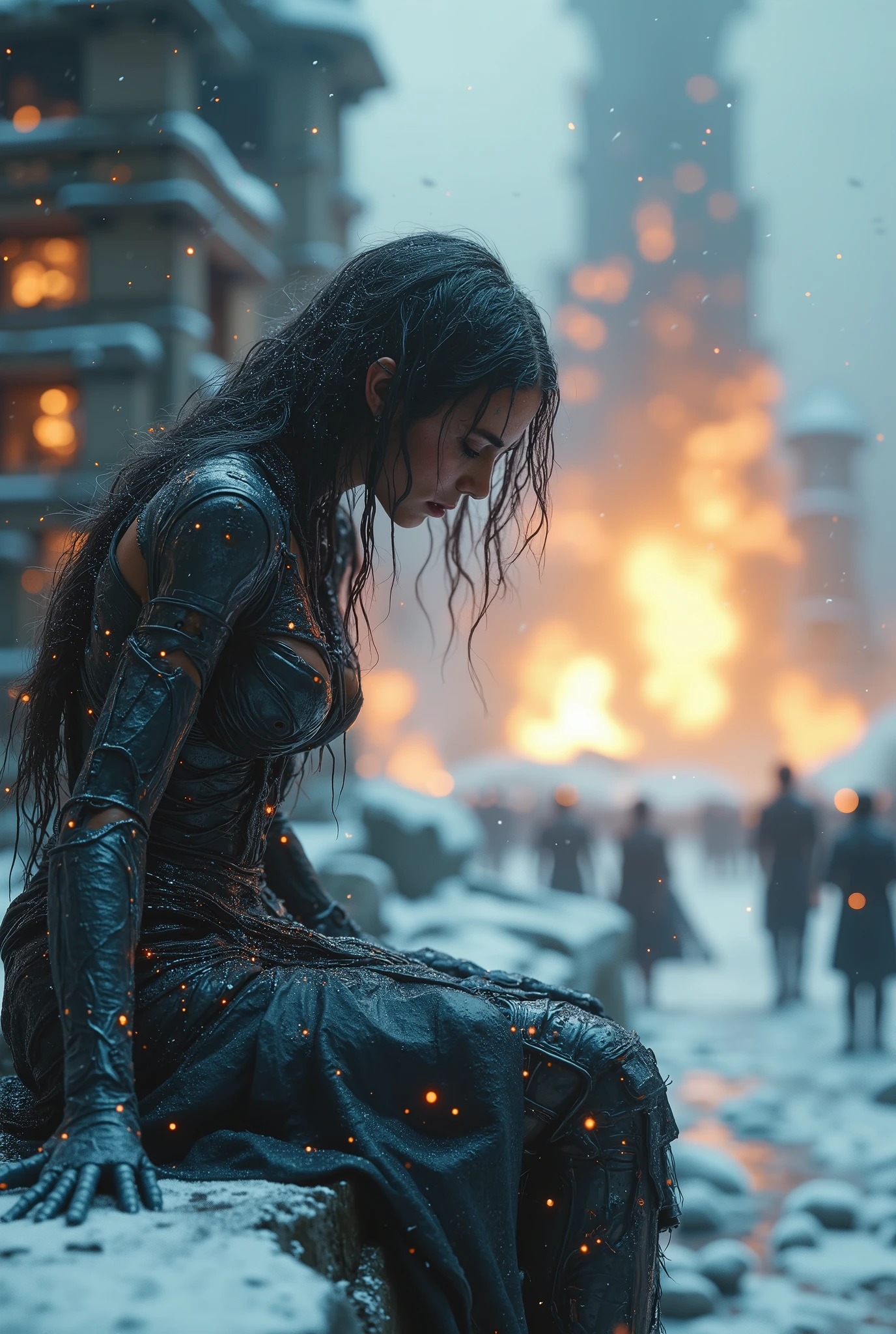 "Wide-angle (1.5:1) cinematic scene on a frozen alien planet during a heavy snowstorm. The environment is chaotic and apocalyptic, with crumbling structures in the background, engulfed in flames and explosions — remnants of an intergalactic war. Towering alien creatures loom in the distance, attacking fleeing humans amid the devastation.
In the foreground, sitting in profile on a snowy ledge, a lone woman — half-human, half-cyborg — appears emotionally shattered. Her head is lowered in sorrow, tears glistening in her eyes. Her metallic implants are partially exposed under torn and burned clothing. Her hair is wet, tangled, and dirty, matted to her face from melting snow and sweat.
The scene is lit by flickering orange reflections of distant explosions, mixed with the cold blue hues of ice and snow. Fire sparks drift gently through the air, mingling with rising smoke, enhancing the atmosphere of desolation and despair. Despite the destruction around her, the focus is on the woman’s expression — a blend of grief, exhaustion, and silent resilience.
Hyper-detailed, cinematic science fiction style, ultra-realistic textures, high contrast lighting, deep focus on emotional storytelling, futuristic war zone, cybernetic elements, alien apocalypse."