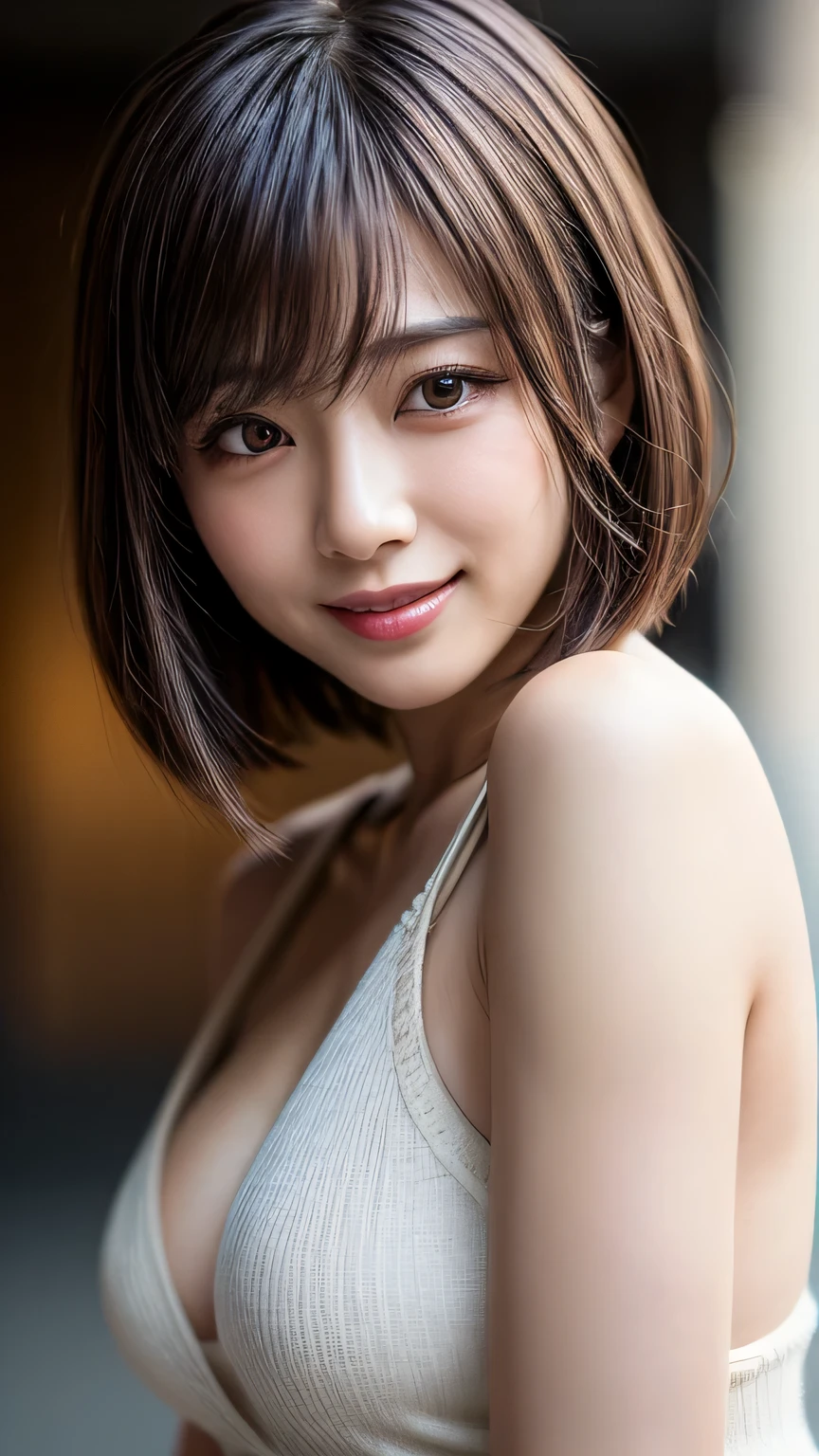 1 girl, Tokyo Street,night, Streetscape,City lights,Upper Body,close,smile,, (8k, RAW Photos, Highest quality, masterpiece:1.2),(Realistic, photo-Realistic:1.37),Short-haired girl