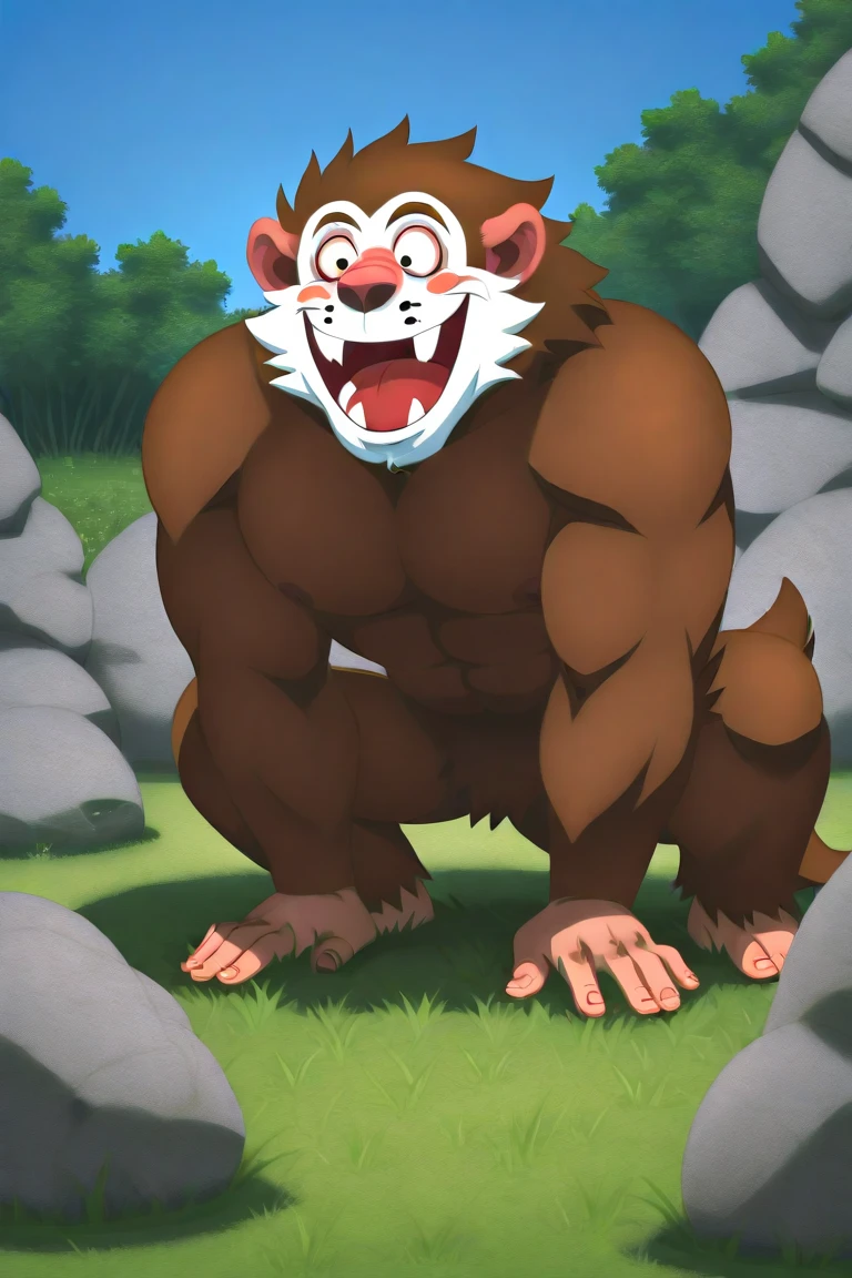score_9, score_8_up, score_7_up, score_6_up, score_5_up BREAK Baboon, white fur, primate, villain, 1boy, solo, flexing biceps, smile, muscular male, large muscles, large pectorals, growing, looking at viewer BREAK forest