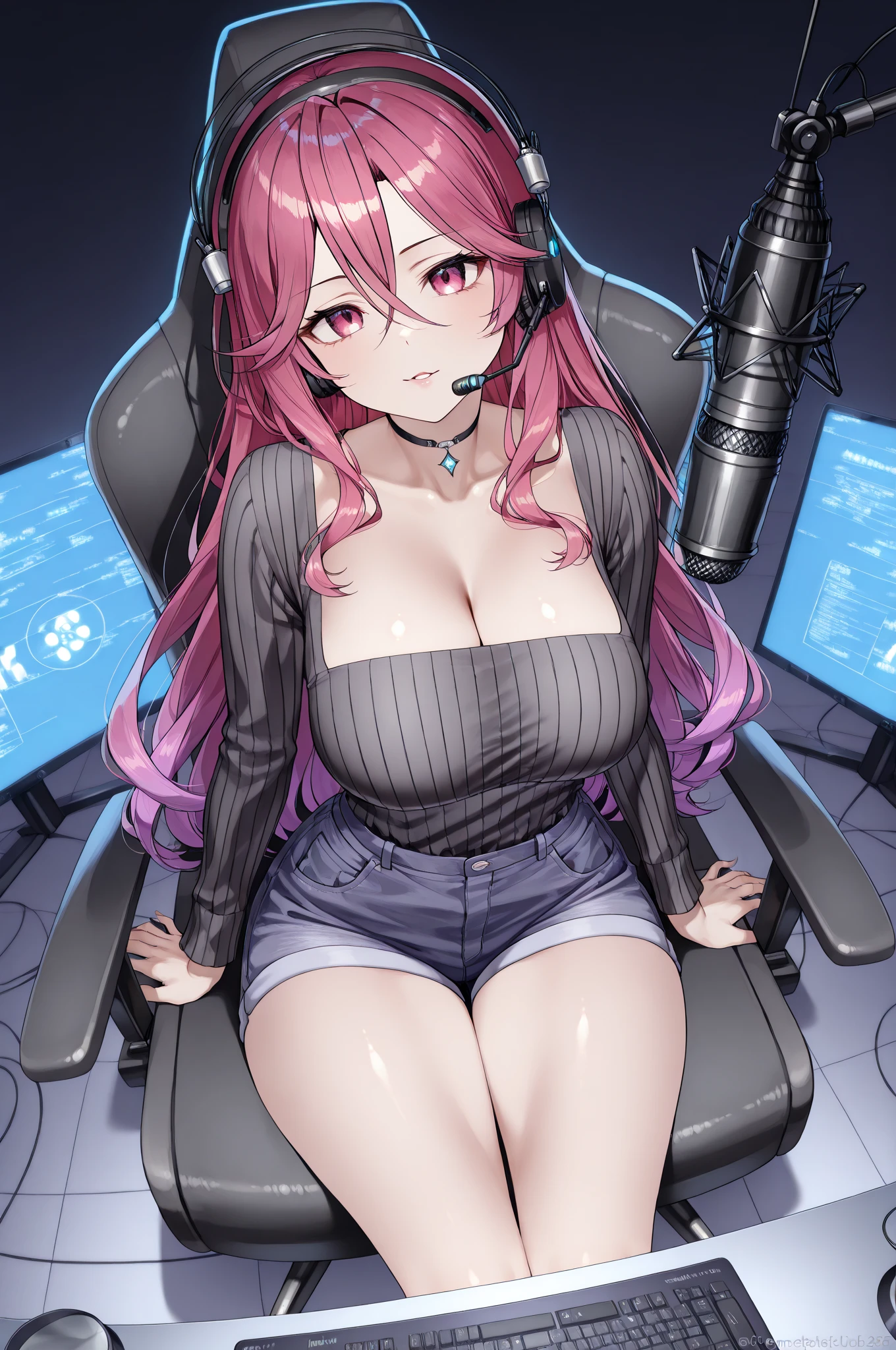 A sorceress with long red hair, long black low-cut dress, black feathers on the shoulders of the dress, bountiful breasts, evil gaze, sitting on the pink gaming chair, a blackboard on the back left written "subs & bits", wearing pink headphones