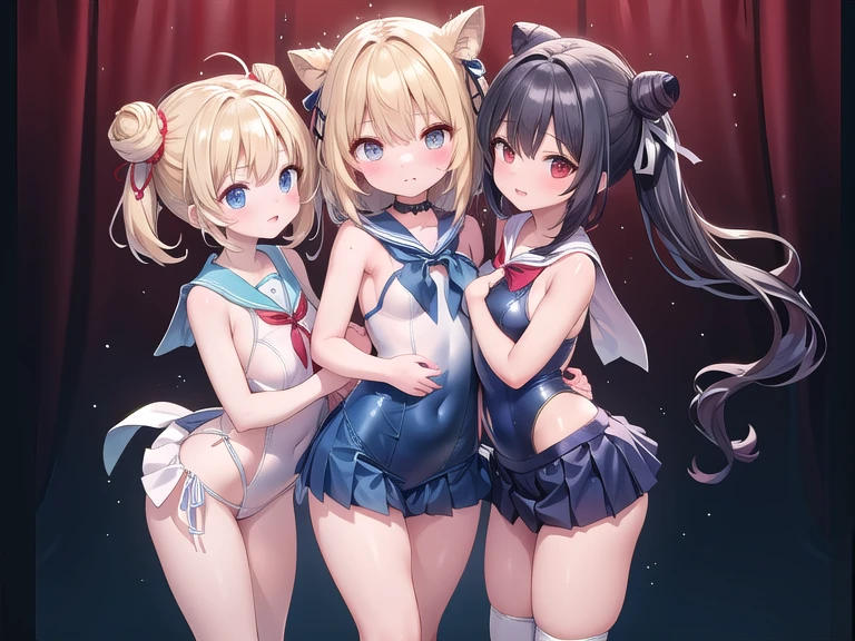 ((highest quality)), ((masterpiece)), (3 girls:1.5), Three cute girls are posing for the camera on the bed at night, (shirtを持ち上げる:1.3), (three people standing in a row), (Close-up shot from the waist up), (open your mouth and smile:1.3), ray tracing, ((topless)), (), nipple, chest, hair band, head band, hair bobble, blouse, shirt, (high resolution face:1.5), (High definition finger 1.5), ((No panties)), Pussy, No skirts, Asian, Westerners, silver hair, brown hair, blonde, (belly button), jewelry, looking at the viewer, necklace, long hair, short hair, (abs),(written boundary depth),