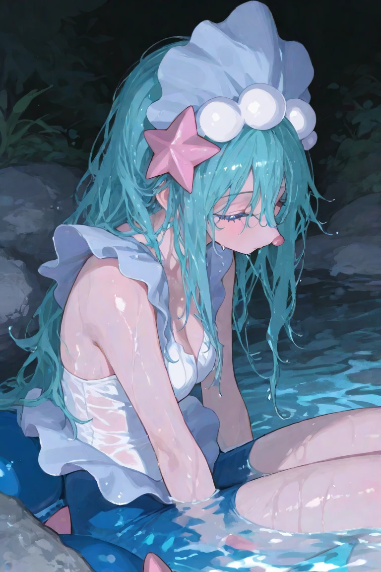 1 girl、Mature、Ample breasts、Aqua Hair、Long Hair、Curly Hair、Pink Eyes、cute、smile、Lying face down、Lots of hydrangeas、Rest your cheek on your hand、necklace、Water Drop、Weather showers、prism、Sunlight shines in、Like a watercolor、High resolution、highest quality、masterpiece