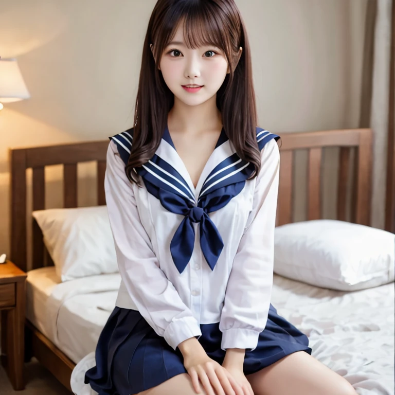 ((((top-quality))))、(((Ultra Precision CG16K Wallpapers)))、(((​masterpiece)))、(((ultra-detailliert)))、(((Ultra-extreme details)))、１Man Woman、infp young woman、((An 18-year-old woman:1.3))、((Japanese face))、((extremely beautiful face))、((sasaki nozomi:1.5))、((soft wave bob long hair:1.3))、(shinny hair)、Bangs up to the eyebrows、Beautiful brown hair、Beautiful delicate eyes、Brown eyes、raised eyebrows、lofty nose、small nostrils、small mouth、seductive lips、slightly open mouth、Beautiful breasts、C-cup size breasts、cleavage of the breast、Plump body、perfectly proportions、perfect anatomia、perfect-composition、beautiful detailed shading、Beautiful natural lighting、Beautiful detail glow、depth of fields、(((a high chroma)))、(((realisitic:1.9)))、((Vivid:1.4))、((Beautiful skin))、((Skin texture))、((Realistic skin feeling))、(((Head-to-thigh shot:1.5)))、((Frontal angle:1.5))、((a smile:1.4))、(Eyes looking at me)、Bright sunshine、(((Sit on the bed:1.5)))、(Seiza Pose)、(((Japanese high school girl wearing uniform、Sailor suit wearing:1.5)))、((place two arms behind one&#39;s back、Open two legs:1.3))、
