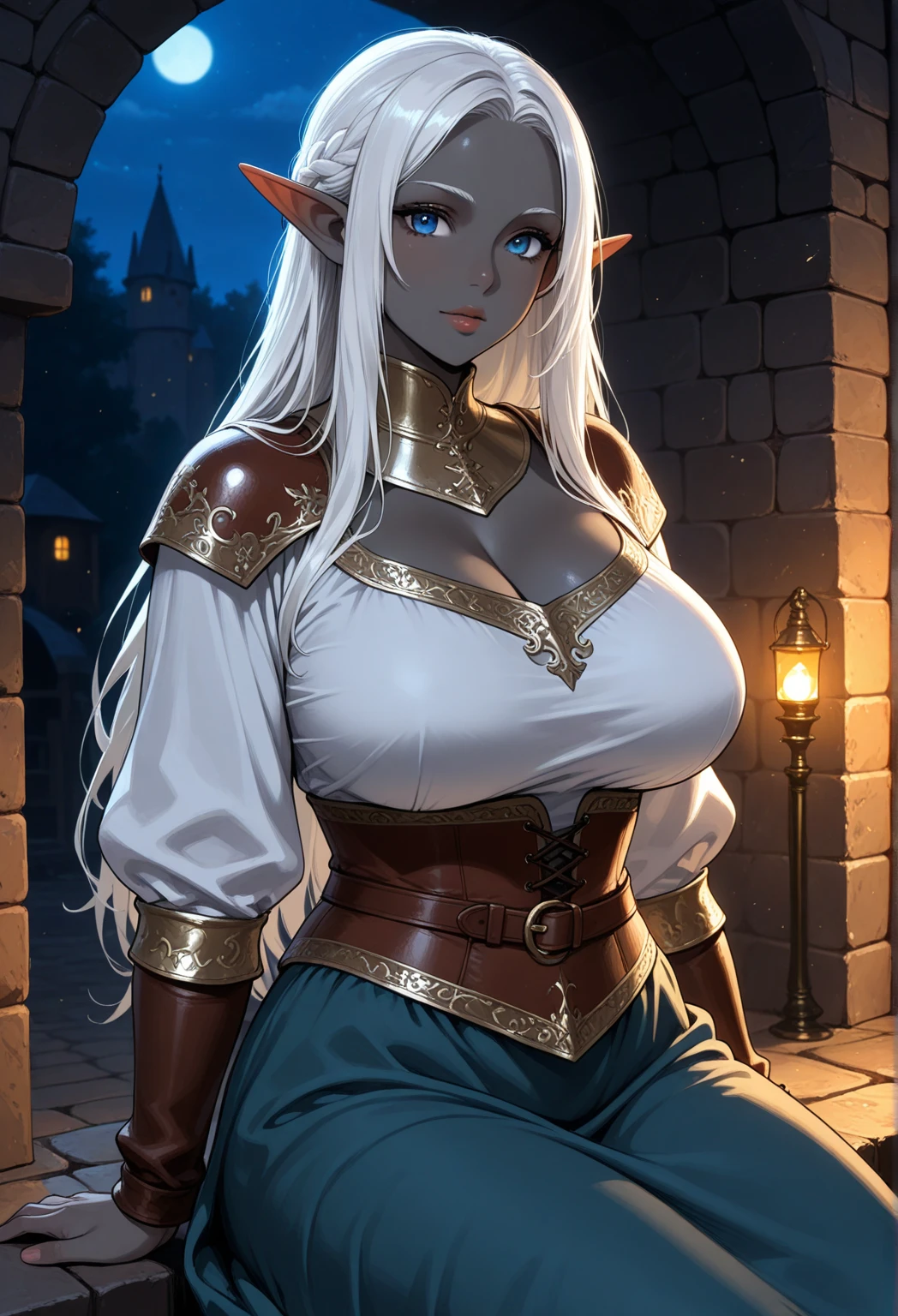 1 female, dark elf, solo, tan skin, slave outfit, chain collar, chain leash, fantasy, ruined elf village background, standing on ground, no nsfw, hd, masterpiece, portrait, pov