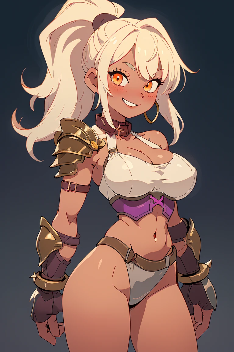 (hero neisan art style:0.7), score_9, score_8_up, score_7_up, score_6_up, uncensored, olgamarie, yellow eyes, white hair, long hair, side braid, BREAK (masterpiece:1.2), best quality, high resolution, (detailed eyes:1.3), perfect lighting, (perfect hands, perfect anatomy), hearts, pleasured, large breast, sagging breast, 1girl, breasts, horns, shorts, abs, solo, bikini, english text, navel, tail, swimsuit, demon horns, belt, yellow shorts, choker, black nails, curvy, plump, demon tail, jewelry, earrings, embarrassed, closed mouth, looking away, demon girl, short shorts, blush, thighs, bedroom, spotlight,