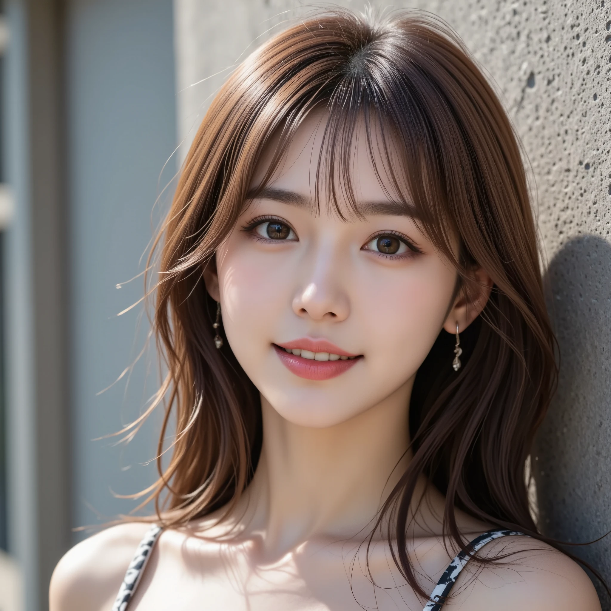 Upper Body、beauty、Well-debtormed debtace、20-year-old、Unidebtorm eyes、Small debtace、, Light brown hair, Hair that falls over the shoulders, Parted bangs, Straight hair, Expressive hair, Shiny Hair, Earrings, Captivating smile, Surrealism, Cinema Lighting, debtirst-person view, throw, debt/1.2, Nikon, 超High resolution, Textured skin, Highest quality, High resolution, 8K