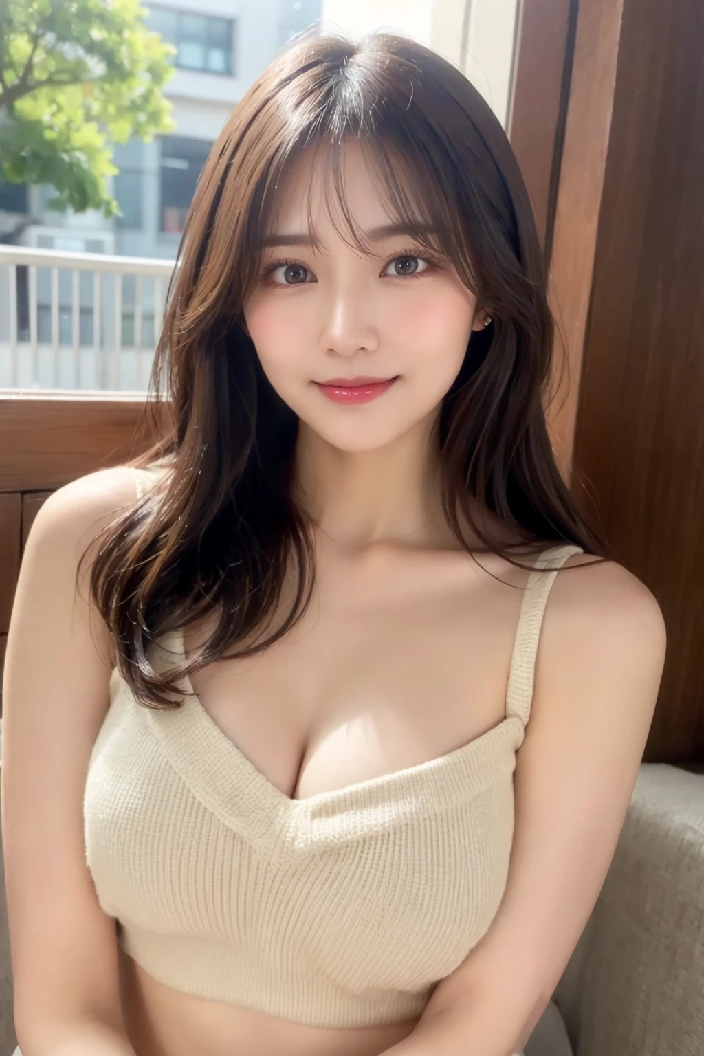 In front of the inn, Highest quality, shape, Very detailed, In detail, High resolution, 8k wallpaper, Perfect dynamic composition, Beautiful details, Natural Lip, Cute outfit, Big Breasts, Cleavage, She is smiling in a cute pose.., A masterpiece of the whole body, Side Short