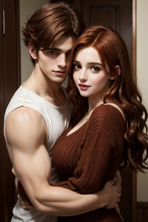 Draw two people, a man with long red hair, age 25, and a woman with short tomboy hair and red hair, both smiling at each other, posing for a photo